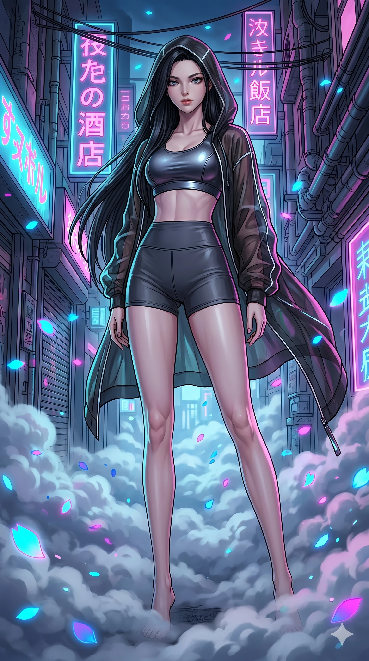 score_9, masterpiece, best quality, ultra-detailed, high-budget anime movie keyframe, cinematic anime lighting, intricate line art, Japanese woman. Low angle cowboy shot filling the entire 9:16 frame with her statuesque presence. navigating a sea of clouds in a neon-lit cyberpunk alleyway with digital sakura petals. She has an absolutely perfect 8-heads proportion, an exceptionally tall and slender female figure with an ultra-slim waist and impossibly long slender legs. sharp v-shaped jawline, high-bridge nose, intricate jewel-like eyes, thick eyelashes, glossy lips. Wearing premium athleisure set with a metallic-finish compression top, high-cut yoga shorts that accentuate her long legs, and a sheer oversized hoodie. The scene is illuminated by dramatic atmospheric lighting and vibrant color palettes. , 2k, ultra detail, master piece, 9:16 ratio
