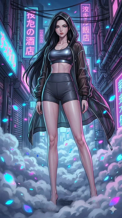 score_9, masterpiece, best quality, ultra-detailed, high-budget anime movie keyframe, cinematic anime lighting, intricate line art, Japanese woman. Low angle cowboy shot filling the entire 9:16 frame with her statuesque presence. navigating a sea of 