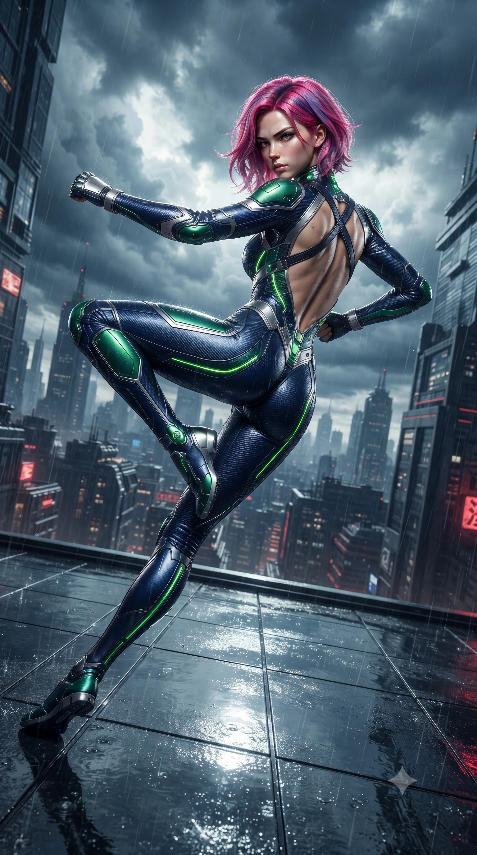 score_9, masterpiece, best quality, ultra-detailed, high-budget anime keyframe, editorial fashion photography, tasteful artistic composition, Caucasian woman. low angle full-body shot from head to toe showing her feet, filling the entire 9:16 vertical frame with her statuesque presence, stretching her vertical silhouette. pivoting dynamically in a high-speed low sweep kick along the reflective floor, her athletic torso and ultra-slim waist twisting in a fluid arc of power while standing triumphant at the skyscraper edge as the storm clouds part, looking directly into the camera with sovereign intensity. The surrounding environment is rendered in vivid detail and crisp panoramic clarity. high-contrast storm chiaroscuro and atmospheric cyberpunk urban textures captured with precision. She has an absolutely perfect, statuesque 8.5-heads proportion, an exceptionally tall and slender model-like female figure with impossibly long slender legs, a toned flat midriff, and an ultra-slim waist. sharp v-shaped jawline, high-bridge nose, intricate jewel-like eyes with depth, thick eyelashes, glossy lips with a natural sheen, flawlessly proportioned anatomical accuracy, strict slender model proportions, natural body alignment, perfectly sculpted long slender limbs, ultra-slim waistline, clean dynamic posture without body distortion. wearing a statuesque midnight cobalt carbon-fiber battle-suit with platinum trim, reinforced kinetic palm plates, and an ultra-slim waistline in emerald green carbon composite with glowing lime laser channels, made of lightweight aerodynamic carbon-titanium alloy with polished edge bevels, complemented by criss-cross back harness straps highlighting her completely bare spine, the liquid-tight tailored fabric emphasizing every curve of her tall, slender model proportions and sculptured silhouette during dynamic movement. surrounded by an electrifying, fierce, and passionately powerful martial valkyrie atmosphere. ultra-reflective glossy finish, specular highlights, dark metallic sheen, high-contrast stereoscopic depth, volumetric dynamic lighting, 2k, ultra detail, master piece, 9:16 ratio