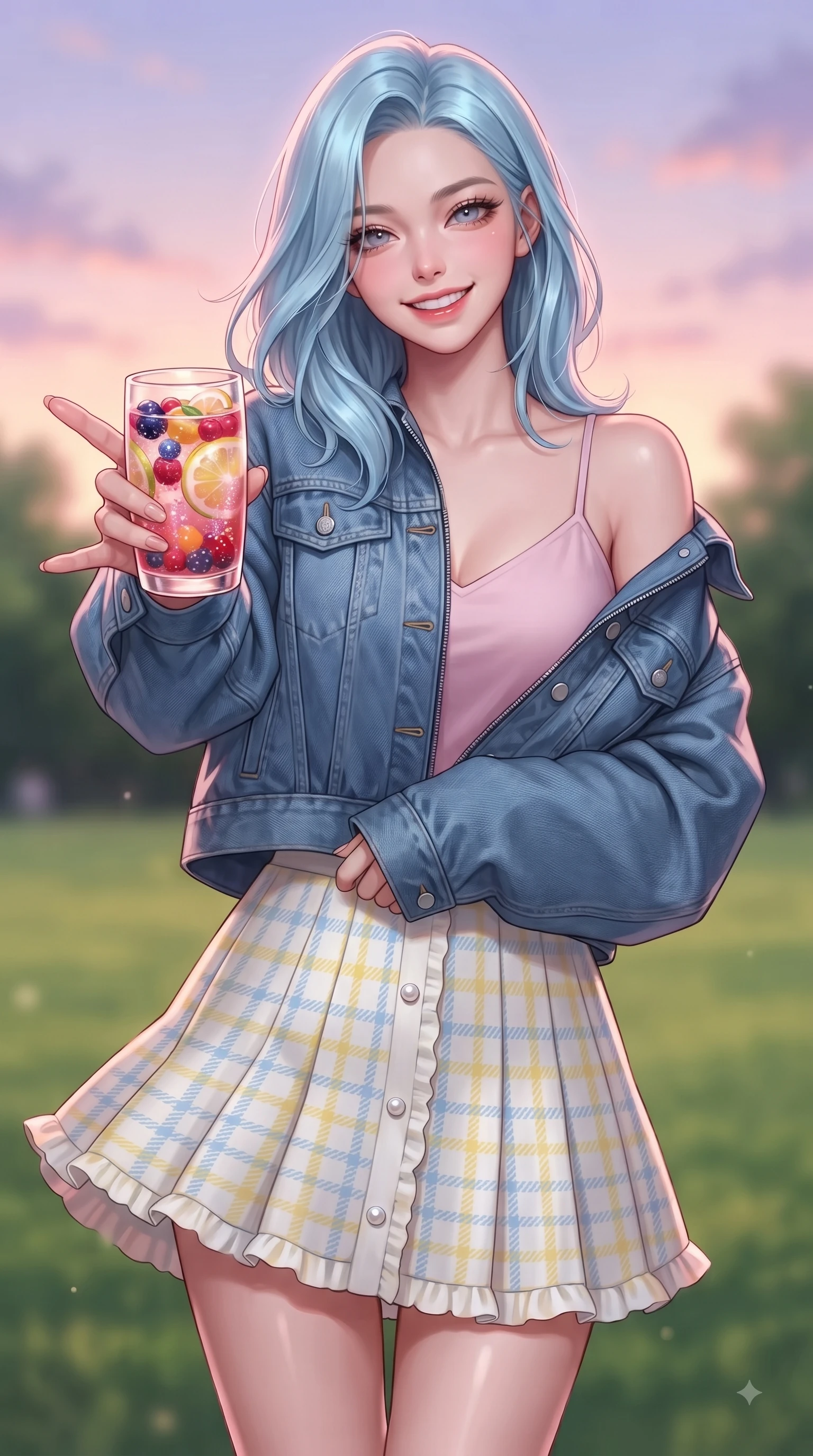 score_9, masterpiece, best quality, ultra-detailed, high-budget anime keyframe, editorial fashion photography, tasteful artistic composition, Korean woman. close-up cowboy shot from the waist and thighs up, the character dominates the composition, filling the frame with her large presence. Radiant youthful grin reflecting girlhood charm while casting a playful, joyful side-gaze with heavy lashes while reaching one hand out playfully toward the camera holding a refreshing fruit drink with a sweet grin. The composition keeps background elements in soft focus with dreamy bokeh. green park lawns and soft sunset sky gradients blurred smoothly behind her radiant figure. She has an exceptionally elegant, slender, and willowy female figure with an ultra-slim waist, a gracefully sculpted slender torso, and a refined silhouette. sharp v-shaped jawline, high-bridge nose, intricate jewel-like eyes with depth, thick eyelashes, glossy lips with a natural sheen, flawlessly proportioned anatomical accuracy, natural body alignment, perfectly sculpted elegant limbs, clean dynamic posture without body distortion. wearing a trendy oversized denim jacket over a soft pastel pink camisole and white pleated mini skirt in sunny daffodil yellow and clear sky blue, knitted from soft cozy cashmere yarn, finished with subtle ruffle trims and delicate pearl buttons, the soft airy drape swaying gracefully with her dynamic movements. surrounded by a serene, uplifting, and romantic park ambiance. ultra-reflective glossy finish, specular highlights, metallic sheen, high-contrast stereoscopic depth, volumetric dynamic lighting, 2k, ultra detail, master piece, 9:16 ratio