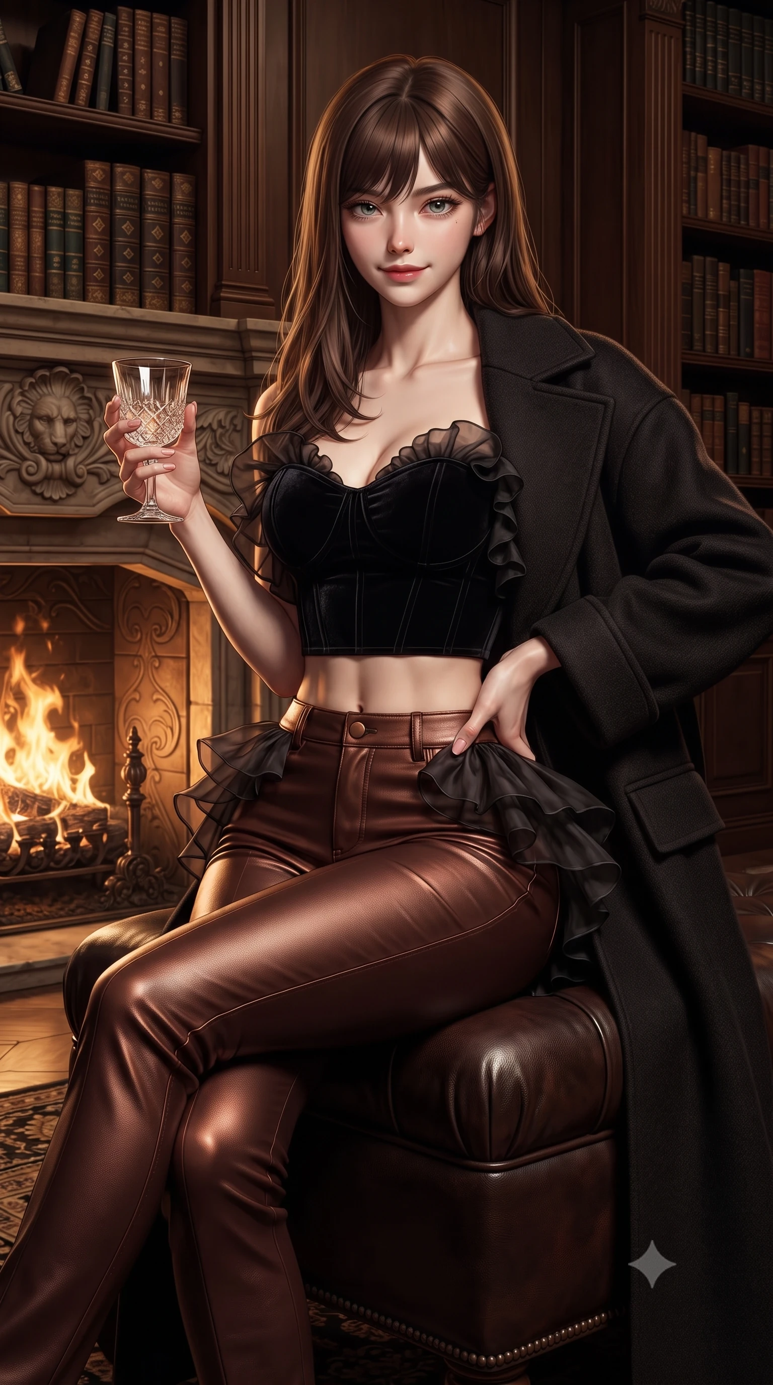 score_9, masterpiece, best quality, ultra-detailed, high-budget anime keyframe, editorial fashion photography, tasteful artistic composition, Korean woman. close-up cowboy shot from the waist and thighs up, the character dominates the composition, filling the frame with her large presence. twisting her slender torso in an alluring contrapposto stance, one hand resting on her sculpted hip while holding a crystal glass with effortless poise while sitting close to the roaring carved stone fireplace hearth on a dark leather ottoman, arching her spine with relaxed seductive grace as flames dance in her eyes. The surrounding environment is rendered in vivid detail and crisp panoramic clarity. detailed knit or velvet outfit texture, golden firelight sheen on skin, and stately library architecture in high clarity. She has an exceptionally elegant, slender, and willowy female figure with an ultra-slim waist, flat toned midriff, narrow ribcage, and sculpted feminine hips creating an alluring, slim hourglass silhouette without bulk. sharp v-shaped jawline, high-bridge nose, intricate jewel-like dark sparkling eyes with dangerous depth, thick curled eyelashes, glossy parted lips with a rich wine sheen, smoldering seductive half-smile with bedroom-eyes, exuding effortless superiority and intoxicating dark allure, flawlessly proportioned anatomical accuracy, strict slender model proportions, natural body alignment, perfectly sculpted long slender limbs, ultra-slim waistline, clean dynamic posture without body distortion. wearing a cropped structured bodice top paired with ultra-fitted high-waisted leather trousers tracing her hips in dark burnt copper and matte black, crafted from layered gossamer black organza with weightless, smoky flutter, complemented by an oversized dark cashmere coat draped casually over one shoulder, the glove-like silhouette tightly following the natural contour of her hips and long slender legs with youthful 8.5-heads elegance. illuminated by rich chiaroscuro side lighting and dark bronze rim light sharply defining her sculpted collarbones, narrow waist, and curvy hips. ultra-reflective glossy finish, specular highlights, rich textural contrasts, high-contrast stereoscopic depth, volumetric dynamic lighting, 2k, ultra detail, master piece, 9:16 ratio