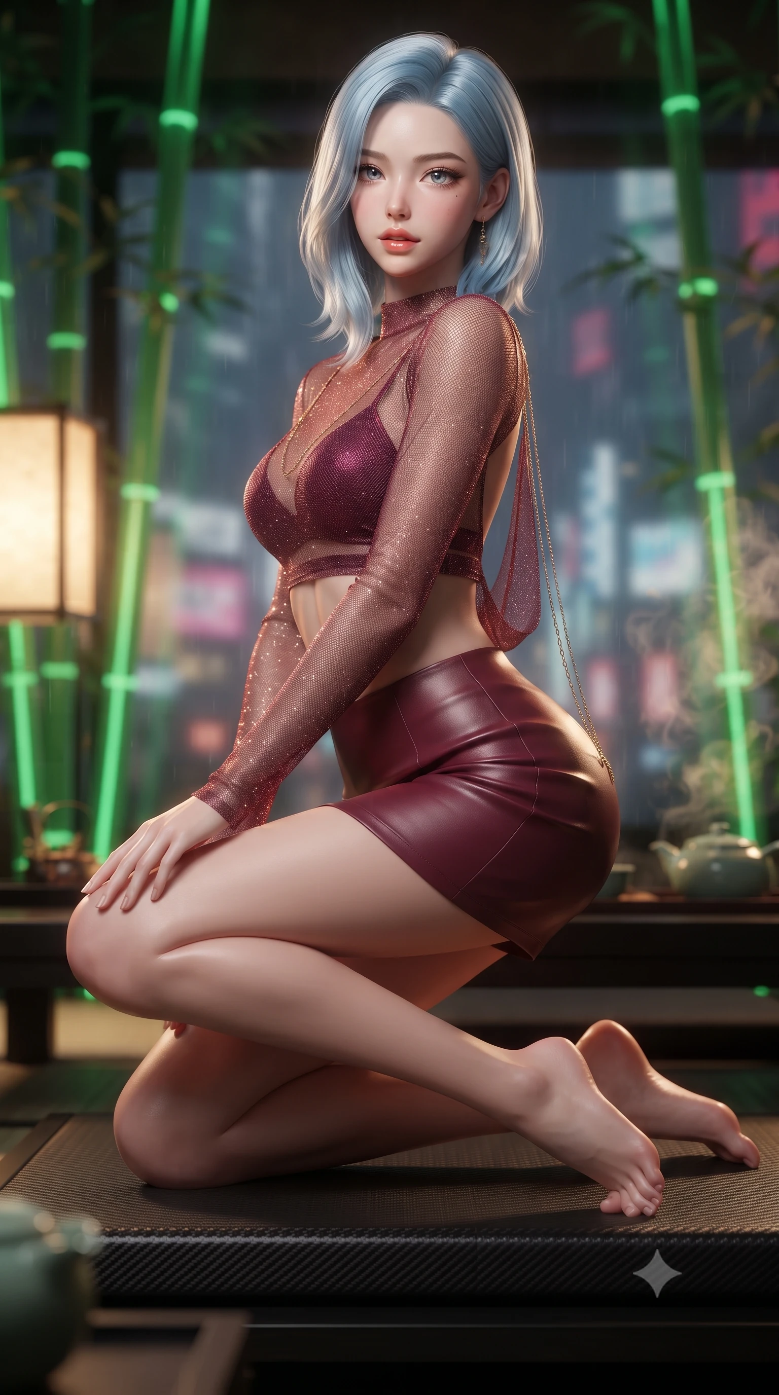 score_9, masterpiece, best quality, ultra-detailed, high-budget anime keyframe, editorial fashion photography, tasteful artistic composition, Korean woman. low angle full-body shot from head to toe showing her feet, filling the entire 9:16 vertical frame with her statuesque presence, stretching her vertical silhouette. lounging on the lavish daybed with legs crossed and hips angled toward the camera, displaying her toned midriff and long slender limbs with effortless siren poise while kneeling gracefully on the black carbon-fiber tatami with hips angled back, arching her lower back with breathless traditional-cyber allure. The background shows a soft-focus glowing green laser bamboo poles, rainy Shinjuku neon skyscrapers outside, and curling ceramic tea steam blurred into jade, crimson, and charcoal bokeh. She has an absolutely perfect, statuesque 8.5-heads proportion, an exceptionally tall and slender model-like female figure with impossibly long slender legs, an ultra-slim waist, a flat toned midriff, narrow delicate ribcage, and beautifully sculpted feminine hips creating a graceful, slim hourglass silhouette without any bulky heaviness. sharp v-shaped jawline, high-bridge nose, sparkling eyes with hypnotic seductive depth, thick curled eyelashes, glossy parted lips with a natural dewy peach sheen, alluring bedroom-eyes with an enchanting coquettish smile, exuding magnetic siren charisma and sophisticated glamour, flawlessly proportioned anatomical accuracy, strict slender model proportions, natural body alignment, perfectly sculpted long slender limbs, ultra-slim waistline, clean dynamic posture without body distortion. wearing a sheer mesh long-sleeve crop top over an opaque strappy micro-bralette and a sleek leatherette mini skirt in smoldering crimson wine and deep rose-gold, woven from stretch metallic lurex jersey casting radiant starlight glints across her silhouette, accented with an open-back drape framed by falling strands of delicate gold chains, the second-skin tailored fabric adhering flawlessly to her sculpted flat midriff and slender torso, emphasizing her long leg lines and perfectly proportioned willowy build. bathed in warm 2800K tea table downlighting mixed with vibrant green laser lattice accents and exterior neon fill. ultra-reflective glossy finish, specular highlights, rich textural contrasts, high-contrast stereoscopic depth, volumetric dynamic lighting, 2k, ultra detail, master piece, 9:16 ratio