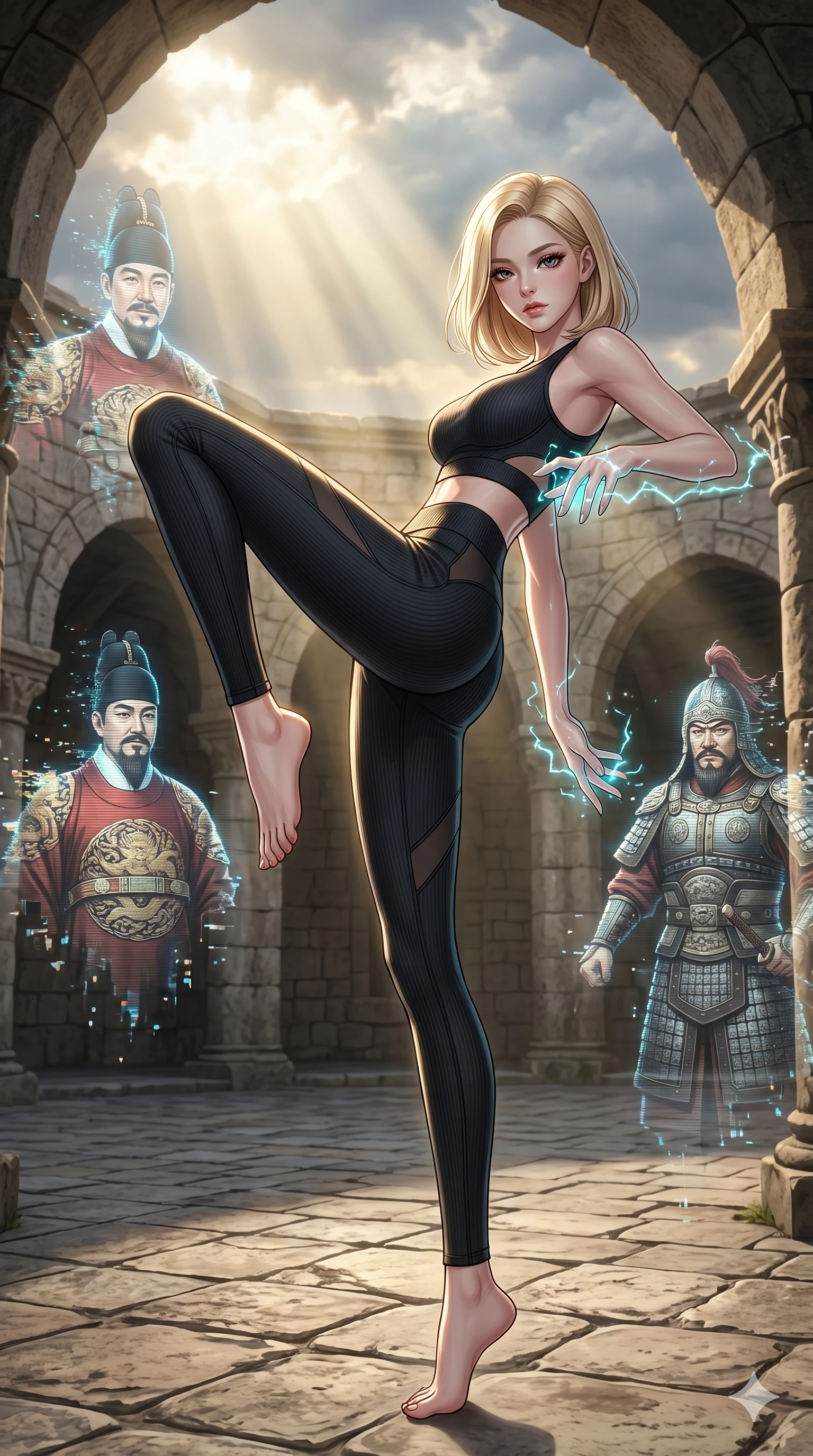 score_9, masterpiece, best quality, ultra-detailed, high-budget anime keyframe, editorial fashion photography, tasteful artistic composition, Korean woman. low angle full-body shot from head to toe showing her feet, filling the entire 9:16 vertical frame with her statuesque presence, stretching her vertical silhouette. twisting her body around in an ancient stone courtyard where digital holograms of historical figures fade while sparks of electric cyan light crackle around her fingertips. She has an absolutely perfect 8-heads proportion, an exceptionally tall and slender female figure with impossibly long slender legs and an ultra-slim waist. V-shaped jawline, high-bridge nose, intricate jewel-like eyes with depth, thick eyelashes, glossy lips with a natural sheen.. wearing a sleek ribbed-knit athleisure set, featuring sculpted matte black athletic top and high-waist leggings with tonal geometric cutout accents at the sides. bathed in dramatic god rays filtering through clouds with high specular highlights along her silhouette. 2k, ultra detail, master piece, 9:16 ratio