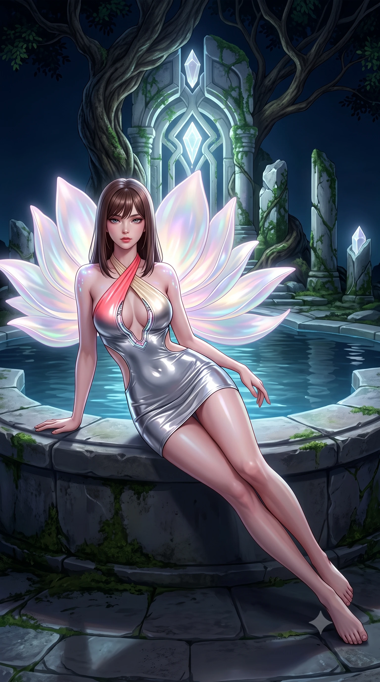 score_9, masterpiece, best quality, ultra-detailed, high-budget anime keyframe, semi-realistic 3D game render, editorial fashion photography, tasteful artistic composition, Korean woman. low angle full-body shot from head to toe showing her feet, filling the entire 9:16 vertical frame with her statuesque presence, stretching her vertical silhouette. performing an alluring mid-air vault with flawless poise, looking directly into the camera with smoldering intensity while reclining along the edge of a sacred pool as gigantic glowing pearl lotus petals ripple light across her bare shoulders. The surrounding environment is rendered in vivid detail and crisp panoramic clarity. deep nocturnal chiaroscuro and sacred natural sanctuary details captured with environmental precision. She has an absolutely perfect, statuesque 8.5-heads proportion, an exceptionally tall and slender model-like female figure with impossibly long slender legs, a toned flat midriff, and an ultra-slim waist. sharp v-shaped jawline, high-bridge nose, intricate jewel-like eyes with depth, thick eyelashes, glossy lips with a natural sheen, flawlessly proportioned anatomical accuracy, strict slender model proportions, natural body alignment, perfectly sculpted long slender limbs, ultra-slim waistline, clean dynamic posture without body distortion. wearing a molten silver liquid-metal mini dress featuring deep side-waist cutouts and a daring crossover halter neckline in radiant coral pink and champagne ivory, formed from high-gloss patent material with specular light reflections, featuring a dangerously unzipped neckline framed by glowing cybernetic accents, the sleek second-skin cut tightly hugging her graceful clavicle, narrow waist, and feminine curves with athletic precision. surrounded by a sacred, pristine, and intensely seductive moon-sanctuary atmosphere. highly saturated vibrant anime colors, detailed shading with soft gradients, rich glossy textures, high-contrast stereoscopic depth, volumetric dynamic lighting, master piece, 9:16 ratio