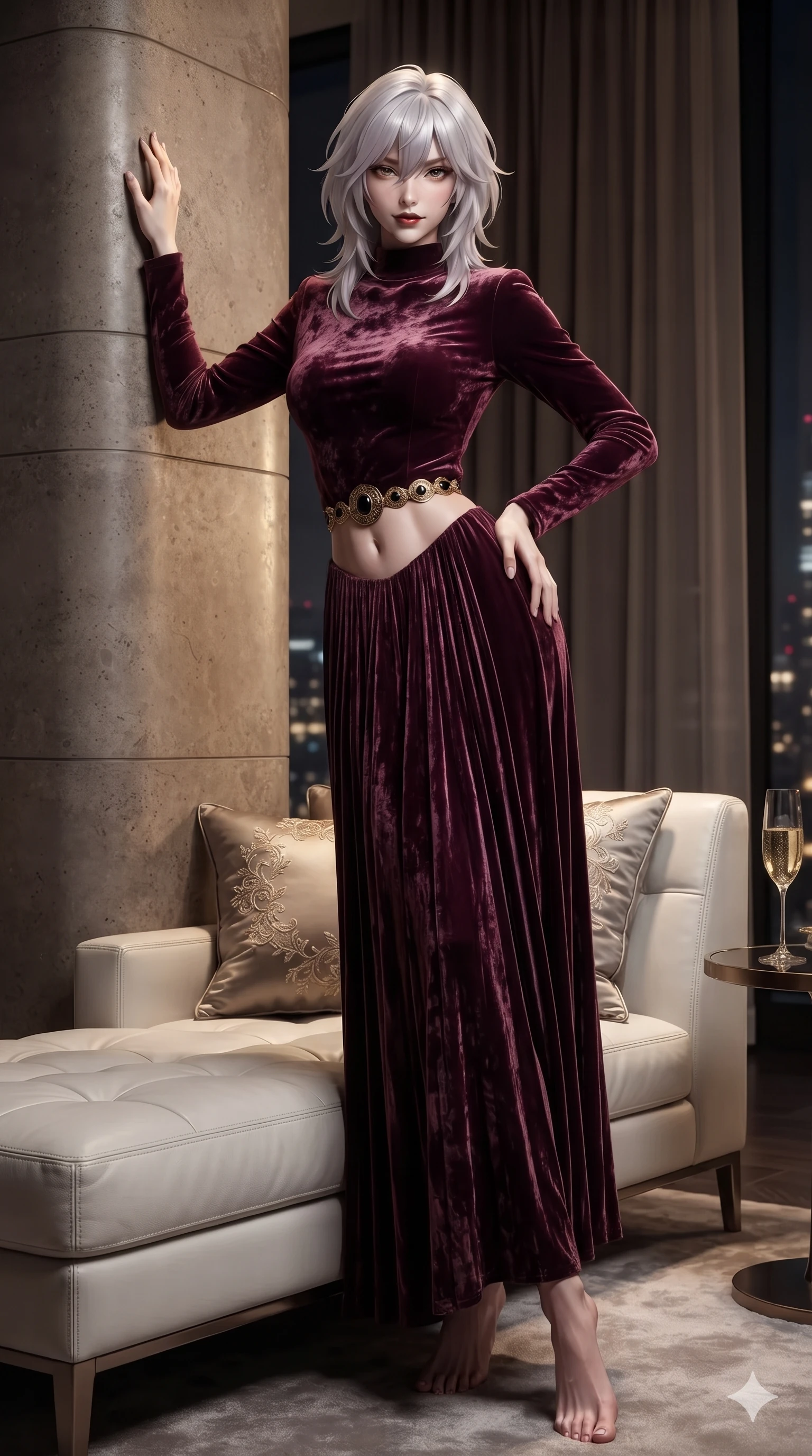 score_9, masterpiece, best quality, ultra-detailed, high-budget anime keyframe, editorial fashion photography, tasteful artistic composition, Japanese woman. low angle full-body shot from head to toe showing her feet, filling the entire 9:16 vertical frame with her statuesque presence, stretching her vertical silhouette. standing tall beside the architectural column, one hand resting high while arching her lower back to emphasize her sculpted feminine hips and slender waist while twisting her slender torso in an alluring S-curve across plush silk cushions, city lights reflecting off her flat midriff and hips. The surrounding environment is rendered in vivid detail and crisp panoramic clarity: sharp stitched white leather daybed seams, silk cushion embroidery, and crystal glass champagne flute clarity in deep focus. She has an exceptionally tall and slender model-like 8.5-heads proportion, an ultra-slim waist, a flat toned midriff, narrow delicate ribcage, and beautifully sculpted feminine hips creating a graceful, slim hourglass silhouette without any bulky heaviness, with impossibly long slender legs. sharp v-shaped jawline, high-bridge nose, intricate jewel-like dark sparkling eyes with dangerous depth, thick curled eyelashes, glossy parted lips with a rich wine sheen, smoldering seductive half-smile with bedroom-eyes, exuding effortless superiority and intoxicating dark allure, flawlessly proportioned anatomical accuracy, strict slender model proportions, natural body alignment, perfectly sculpted long slender limbs, ultra-slim waistline, clean dynamic posture without body distortion. wearing a refined long-sleeve velvet evening gown with high neckline and fluid pleated column skirt in dark mulberry wine and antique champagne, tailored from crushed dark velvet with deep light-absorbing plush texture, finished with an authentic engraved gold medallion and obsidian cabochons, the impeccably tailored cut draping gracefully along her slender figure with aristocratic noir poise. illuminated by city light haze bounce and sharp golden-amber rim lights defining her razor-sharp jawline, narrow waist, and curvy hips. ultra-reflective glossy finish, specular highlights, rich textural contrasts, high-contrast stereoscopic depth, volumetric dynamic lighting, 2k, ultra detail, master piece, 9:16 ratio