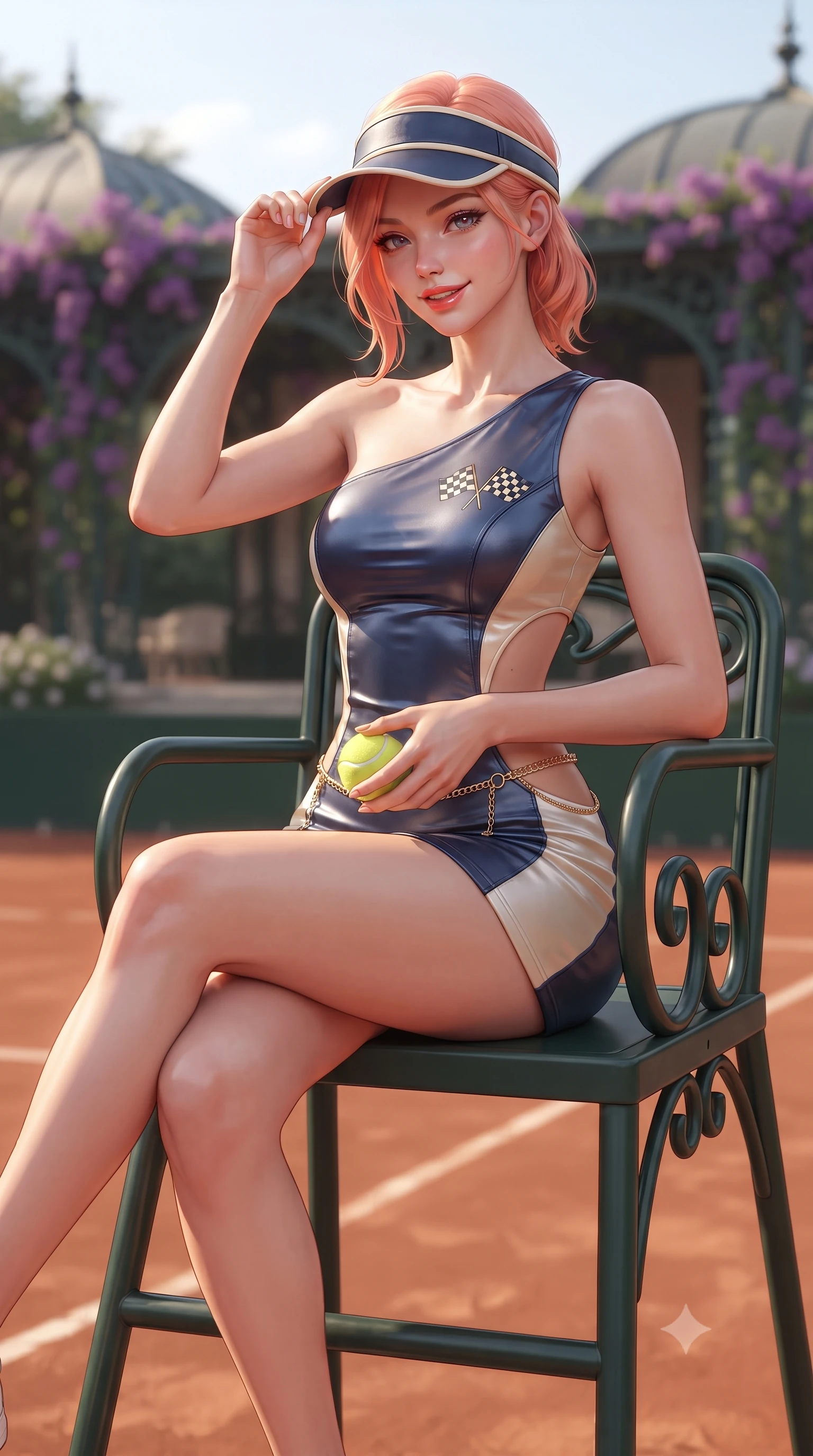 score_9, masterpiece, best quality, ultra-detailed, high-budget anime keyframe, editorial fashion photography, tasteful artistic composition, Japanese woman. close-up cowboy shot from the waist and thighs up, the character dominates the composition, filling the frame with her large presence. tilting her head with a cute beaming smile while arching her spine with athletic poise, one hand adjusting her racing visor in a flirtatious S-curve while sitting gracefully on the clay court umpire chair with legs crossed, holding a tennis ball while flashing a playful, teasing smile with glossy lips. The background shows a soft-focus wrought-iron club pavilions draped in purple bougainvillea softened in prestigious country club shallow focus. She has an exceptionally elegant, slender, and willowy female figure with an ultra-slim waist, flat toned midriff, narrow ribcage, and sculpted feminine hips creating an alluring, slim hourglass silhouette without bulk. sharp v-shaped jawline, high-bridge nose, sparkling eyes with athletic focus and depth, thick curled eyelashes, glossy parted lips with a natural coral-peach sheen, bright confident and coquettish smile with alluring bedroom-eyes, exuding both youthful sporty vigor and sovereign high-society glamour, flawlessly proportioned anatomical accuracy, strict slender model proportions, natural body alignment, perfectly sculpted long slender limbs, ultra-slim waistline, clean dynamic posture without body distortion. wearing an asymmetric one-shoulder metallic racing mini dress with checkered flag embroidery hugging her narrow waist and hips in Monaco navy blue and cream champagne gold, crafted from supple buttery lambskin racing leather with a satin sheen, accented with a delicate gold chain belt resting loosely on her curvy hips, the precision-cut side openings and low-back scoop framing her graceful spine and the sensual sweep of her slim, athletic hips. illuminated by clay bounce warmth and sharp amber rim lighting defining her sculpted collarbones, ultra-slim waist, and curvy hips. ultra-reflective glossy finish, specular highlights, rich textural contrasts, high-contrast stereoscopic depth, volumetric dynamic lighting, 2k, ultra detail, master piece, 9:16 ratio