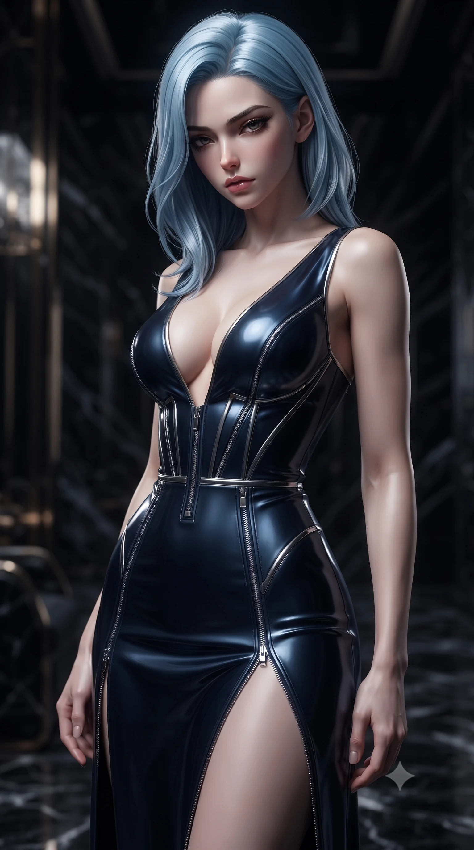 score_9, masterpiece, best quality, ultra-detailed, high-budget anime keyframe, editorial fashion photography, tasteful artistic composition, Korean woman. close-up cowboy shot from the waist and thighs up, the character dominates the composition, filling the frame with her large presence, background elements kept in soft focus. Looking down with lowered lashes and a composed, powerful dark aura, glancing at the viewer with an air of effortless superiority and allure, glove-like fit latex bodycon dress catching razor-sharp specular highlights. She has an exceptionally elegant, slender, and willowy female figure with an ultra-slim waist, a gracefully sculpted slender torso, and a refined silhouette. sharp v-shaped jawline, high-bridge nose, intricate jewel-like eyes with depth, thick eyelashes, glossy lips with a natural sheen. wearing deep plunging V-neckline midnight gown with daring high thigh slit in midnight navy blue, made of sculpted obsidian metallic chrome, finished with metallic silver boning and sleek zipper points, accentuating her gracefully sculpted slender torso. bathed in sharp side key rays and pitch-black ambient shadows. ultra-reflective glossy finish, specular highlights, metallic sheen, high-contrast stereoscopic depth, volumetric dynamic lighting, 2k, ultra detail, master piece, 9:16 ratio