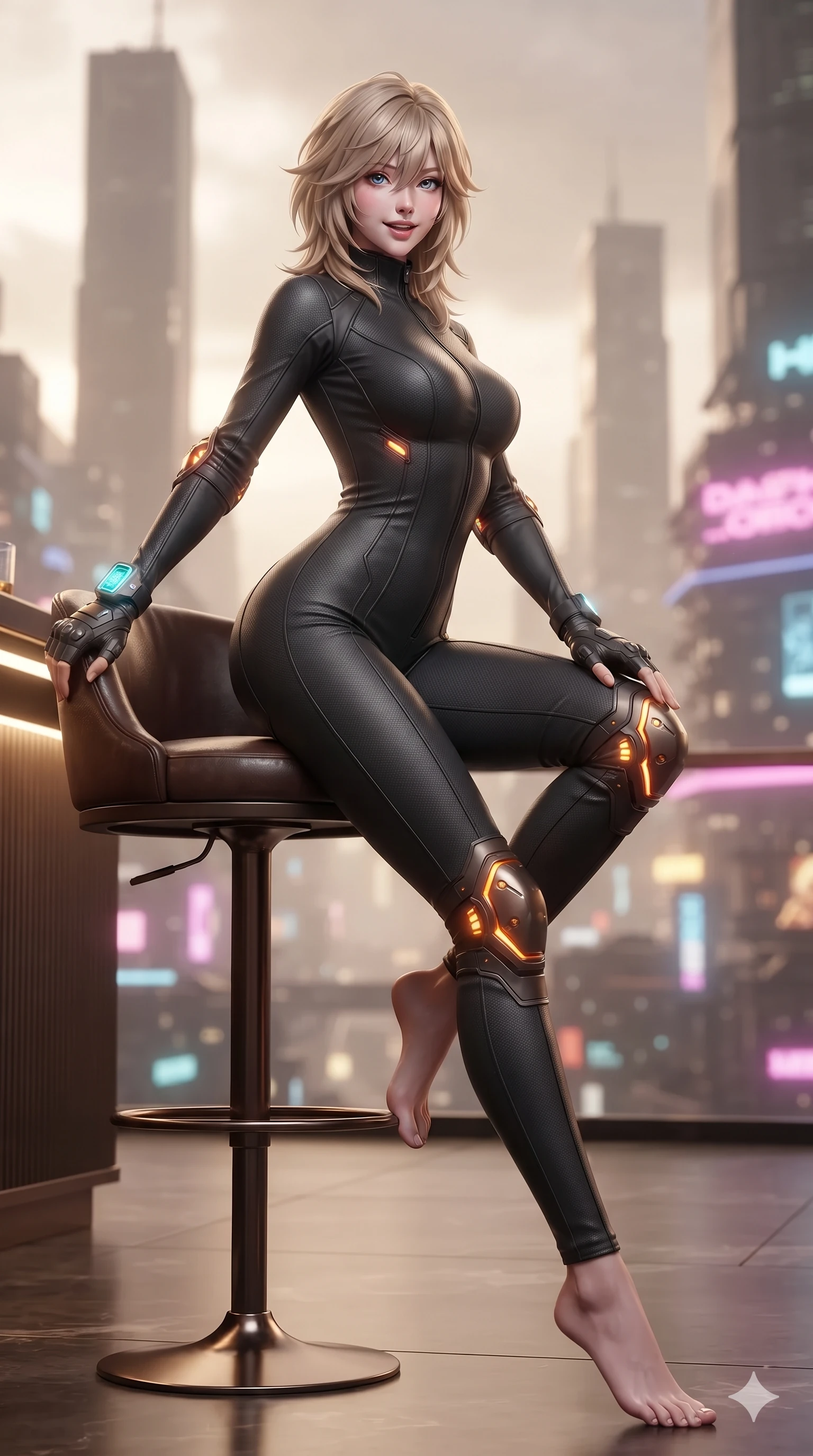 score_9, masterpiece, best quality, ultra-detailed, high-budget anime keyframe, editorial fashion photography, tasteful artistic composition, Japanese woman. low angle full-body shot from head to toe showing her feet, filling the entire 9:16 vertical frame with her statuesque presence, stretching her vertical silhouette. standing poised between colossal monoliths rising from alien ground, arching her back with sovereign ancient-future grace while perched gracefully on a high leather bar stool with legs crossed, flashing an enchanting, playful smile with parted glossy lips. The background shows a soft-focus champagne ambient haze softened in suspended VIP pavilion shallow focus. She has an absolutely perfect, statuesque 8.5-heads proportion, an exceptionally tall and slender model-like female figure with impossibly long slender legs, an ultra-slim waist, a flat toned midriff, narrow delicate ribcage, and beautifully sculpted feminine hips creating a graceful, slim hourglass silhouette without any bulky heaviness. sharp v-shaped jawline, high-bridge nose, intricate jewel-like sparkling eyes with depth, thick eyelashes, glossy parted lips with a natural sheen, bright confident smile with an enchanting and coquettish sensual glint, exuding both youthful magnetic charm and sovereign high-tech allure, flawlessly proportioned anatomical accuracy, strict slender model proportions, natural body alignment, perfectly sculpted long slender limbs, ultra-slim waistline, clean dynamic posture without body distortion. wearing a high-neck tactical reconnaissance jumpsuit with reinforced knee and elbow articulation guards in fiery geothermal copper and molten amber glow, crafted from lightweight aerodynamic matte carbon-fiber weave with structural stiffness, complemented by fingerless armored tactical gloves and a glowing holographic wrist terminal, the impeccably tailored cut draping gracefully along her slender figure with aristocratic poise. bathed in the dazzling panoramic ambient glow of the multi-tiered neon metropolis filtered through panoramic glass. ultra-reflective glossy finish, specular highlights, rich textural contrasts, high-contrast stereoscopic depth, volumetric dynamic lighting, 2k, ultra detail, master piece, 9:16 ratio