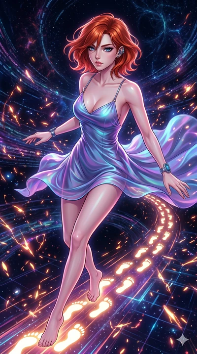 score_9, masterpiece, best quality, ultra-detailed, Set A: High-budget Anime Keyframe, Caucasian (strictly human ears) woman. Upper body close-up from the thighs up, character filling the screen for maximum presence. Sliding through a virtual reality