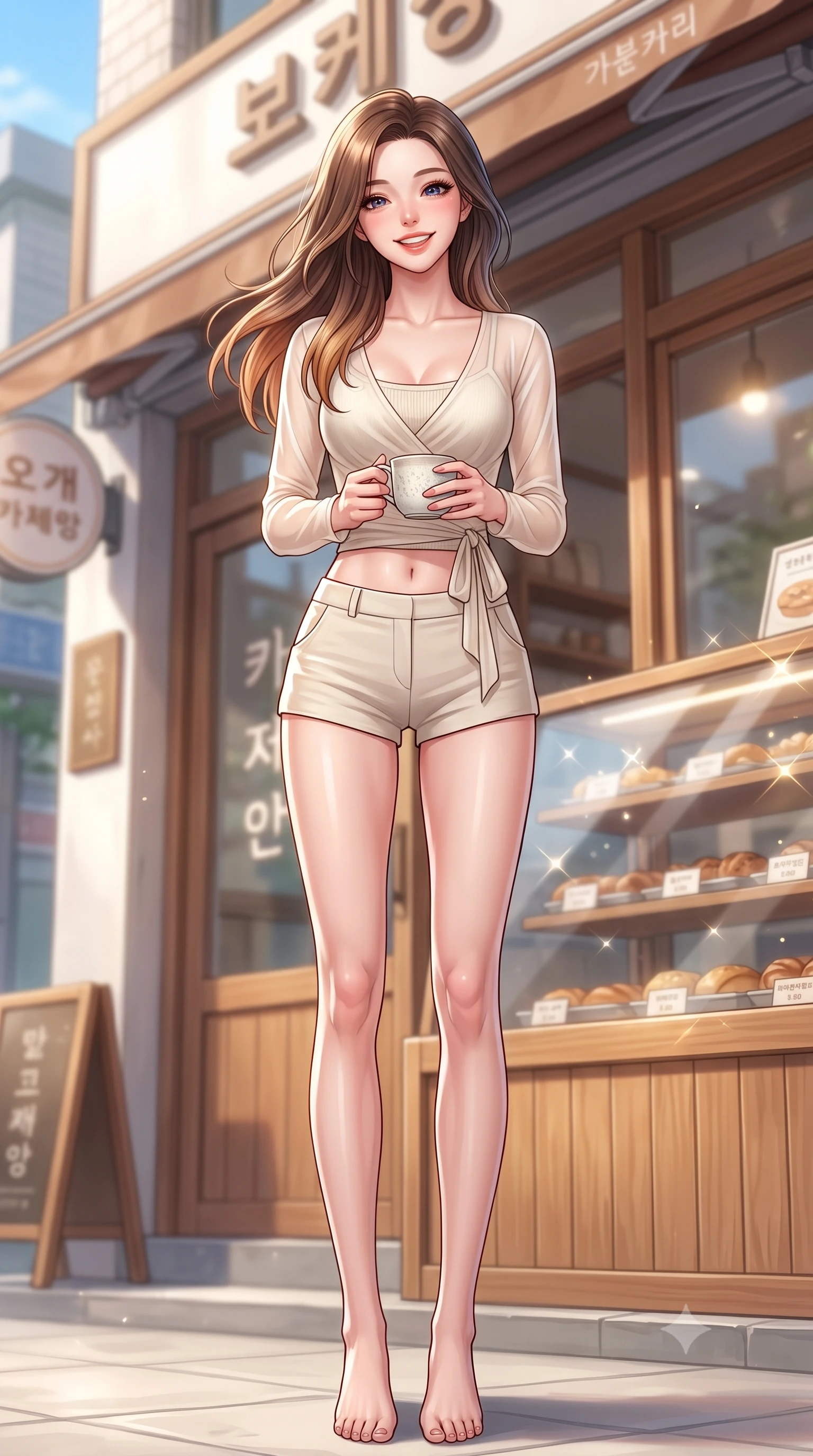 score_9, masterpiece, best quality, ultra-detailed, high-budget anime keyframe, editorial fashion photography, tasteful artistic composition, Korean woman. low angle full-body shot from head to toe showing her feet, filling the entire 9:16 vertical frame with her statuesque presence, stretching her vertical silhouette. standing with a cute, bright pose, tilting her head with a beaming smile set against a soft-focus background of in front of a cozy bakery shop in a quiet residential alley holding a delicate handmade ceramic mug with a warm grin. She has an absolutely perfect, statuesque 8.5-heads proportion, an exceptionally tall and slender model-like female figure with impossibly long slender legs and an ultra-slim waist. sharp v-shaped jawline, high-bridge nose, intricate jewel-like eyes with depth, thick eyelashes, glossy lips with a natural sheen. wearing body-hugging sheer chiffon wrap top in cream, worn over a slim-fit knit bralette and low-cut shorts. bright daylight reflecting off the display cases, creating sparkling glints. highly saturated vibrant anime colors, detailed shading with soft gradients, rich glossy textures, high-contrast stereoscopic depth, volumetric dynamic lighting, master piece, 9:16 ratio