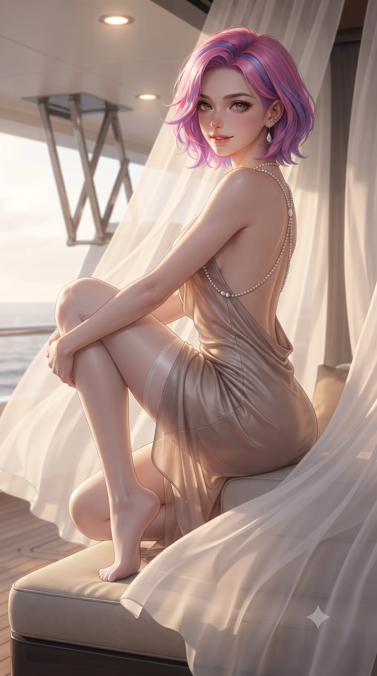 score_9, masterpiece, best quality, ultra-detailed, high-budget anime keyframe, editorial fashion photography, tasteful artistic composition, Caucasian woman. close-up cowboy shot from the waist and thighs up, the character dominates the composition, filling the frame with her large presence. perched sideways on the lounge seat, one knee drawn up to showcase her slender leg line while her arched back accentuates her feminine hip curve while twisting her slender torso in an alluring S-curve, sheer white silk curtains billowing around her long slender legs and curvy hips. The background shows a soft-focus yacht hull folding balcony mechanisms softened in ultra-private luxury shallow focus. She has an exceptionally elegant, slender, and willowy female figure with an ultra-slim waist, flat toned midriff, narrow ribcage, and sculpted feminine hips creating an alluring, slim hourglass silhouette without bulk. sharp v-shaped jawline, high-bridge nose, sparkling eyes with hypnotic seductive depth, thick curled eyelashes, glossy parted lips with a natural dewy peach sheen, alluring bedroom-eyes with an enchanting coquettish smile, exuding magnetic siren charisma and sophisticated glamour, flawlessly proportioned anatomical accuracy, strict slender model proportions, natural body alignment, perfectly sculpted long slender limbs, ultra-slim waistline, clean dynamic posture without body distortion. wearing a low-cut draped cowl-back satin slip mini dress with dainty pearl spaghetti straps in sheer dusky champagne and glistening crystal trims, made of sheer gossamer chiffon that drapes softly against skin with airy translucence, accented with a pearl-drop body harness subtly framing her dewy collarbones and spine, the precision-cut side openings and low-back scoop framing her graceful spine and the sensual sweep of her slim, toned hips. bathed in warm 2800K recessed ceiling downlights spilling from the master suite mixed with cool sea moonbeam fill. ultra-reflective glossy finish, specular highlights, rich textural contrasts, high-contrast stereoscopic depth, volumetric dynamic lighting, 2k, ultra detail, master piece, 9:16 ratio