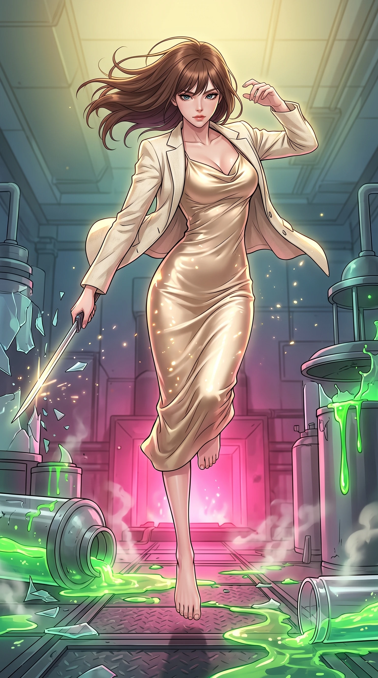 score_9, masterpiece, best quality, ultra-detailed, high-budget anime keyframe, clean line-art, cel-shading, Korean woman. low angle full-body shot from head to toe showing her feet, filling the entire 9:16 vertical frame with her statuesque presence, stretching her vertical silhouette. leaping dynamically high in the air while slicing forward with wind-whipped hair through a secret lab with broken chemical tanks, glowing green bio-liquid leaking across a metallic floor and steaming. She has a statuesque 8.5-heads proportion, an exceptionally tall, slender and willowy model-like build with impossibly long legs and a highly sculpted ultra-slim waist. sharp v-shaped jawline, high-bridge nose, intricate jewel-like eyes with depth, thick eyelashes, glossy lips with a natural sheen. wearing catching and diffusing the glowing particles, shimmering softly in response to the surrounding light, a slim-fit champagne gold cowl-neck satin slip dress that drapes and clings to her slender figure, layered with a cream linen blazer. dramatic contrast of hot pink furnace glow from below and cool golden light from above. highly saturated vibrant anime colors, intense vivid color palette, volumetric dynamic lighting, 2k, ultra detail, master piece, 9:16 ratio