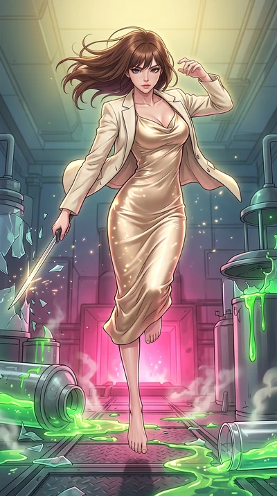 score_9, masterpiece, best quality, ultra-detailed, high-budget anime keyframe, clean line-art, cel-shading, Korean woman. low angle full-body shot from head to toe showing her feet, filling the entire 9:16 vertical frame with her statuesque presence