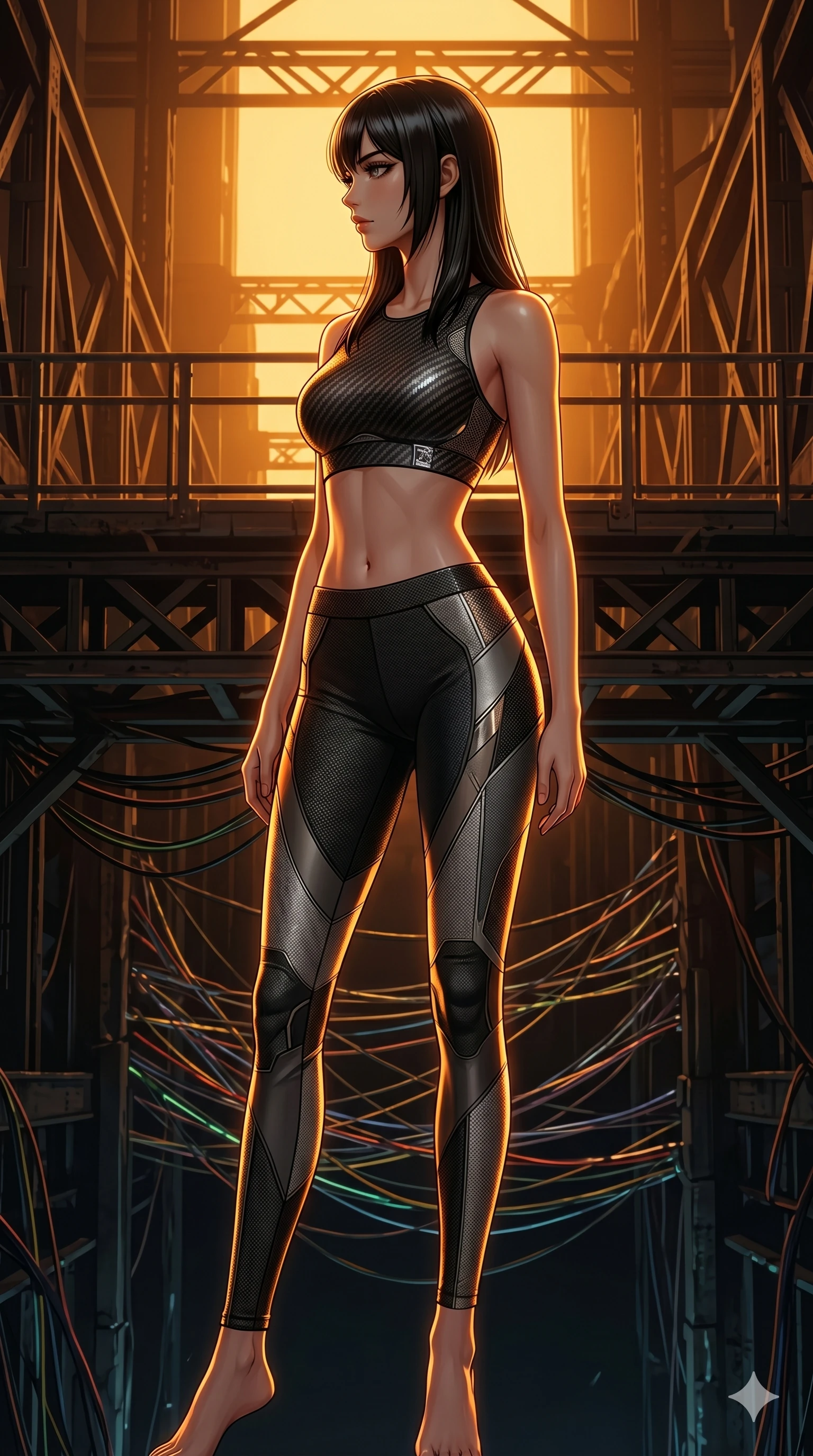 score_9, masterpiece, best quality, ultra-detailed, high-budget anime keyframe, editorial fashion photography, tasteful artistic composition, Caucasian woman, strictly human ears. cowboy shot from the thighs up, character and outfit filling the frame for maximum editorial presence. Casting a confident sidelong glance, her profile silhouetted against the bright background on a metal bridge crossing a chasm filled with glowing electrical wires. She has an absolutely perfect 8-heads proportion, an exceptionally tall and slender female figure with impossibly long slender legs and an ultra-slim waist. V-shaped jawline, high-bridge nose, intricate jewel-like eyes with depth, thick eyelashes, glossy lips with a natural sheen. wearing a high-fashion performance crop top with carbon-fiber patterns, paired with asymmetric paneled leggings. drenched in warm amber cinematic rim lighting that traces every contour of her silhouette against the dark. 2k, ultra detail, master piece, 9:16 ratio
