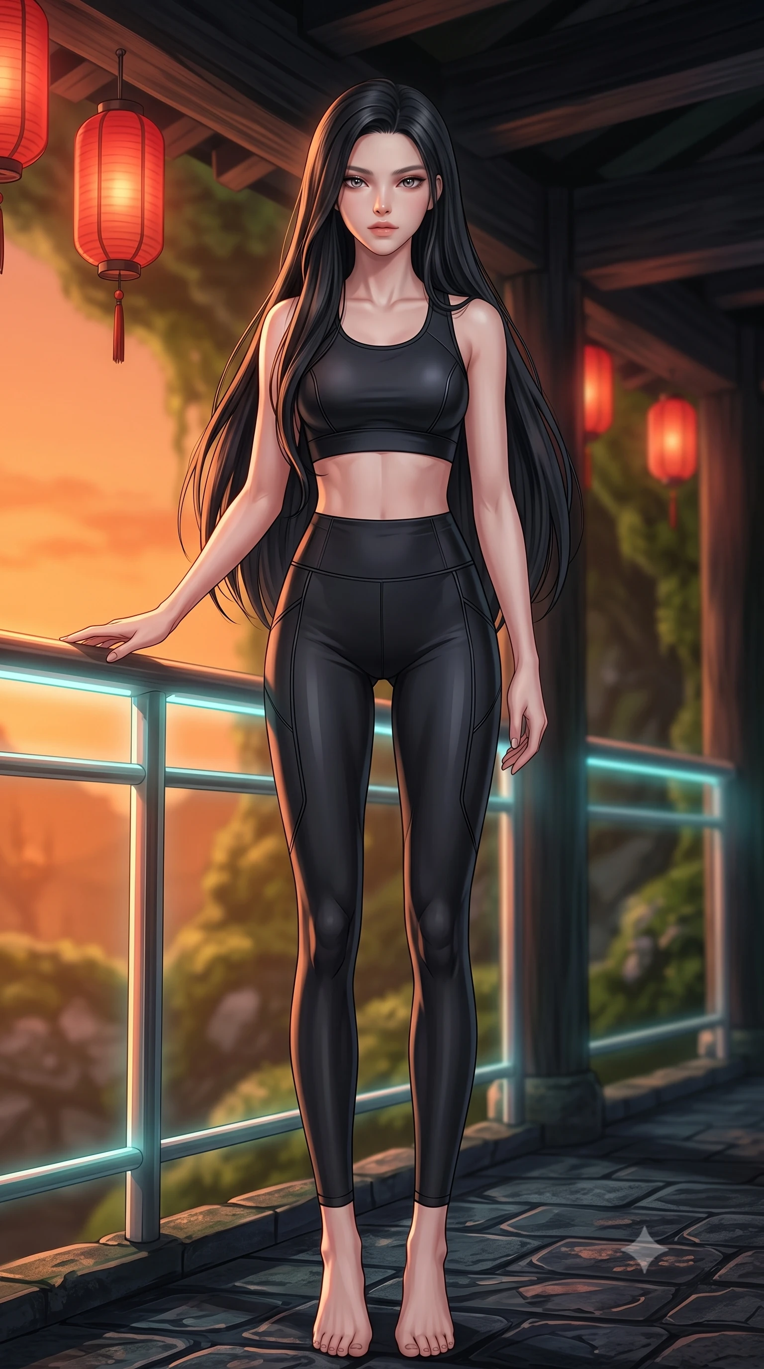 score_9, masterpiece, best quality, ultra-detailed, high-budget anime keyframe, editorial fashion photography, tasteful artistic composition, Korean woman. low angle full-body shot from head to toe showing her feet, filling the entire 9:16 vertical frame with her statuesque presence, stretching her vertical silhouette. standing in a tall, confident posture with one hand on a glowing metal railing, stretching her statuesque body, the background shows a soft-focus a moss grotto balcony with red lanterns hanging from carbon beams in soft focus. She has an absolutely perfect, statuesque 8.5-heads proportion, an exceptionally tall and slender model-like female figure with impossibly long slender legs and an ultra-slim waist. sharp v-shaped jawline, high-bridge nose, intricate jewel-like eyes with depth, thick eyelashes, glossy lips with a natural sheen. wearing a tailored form-fitting athletic crop top and matching high-waisted compression leggings in sleek carbon-black tech fabric. warm sunset light casting a peaceful, cozy orange wash on her figure. highly saturated vibrant anime colors, detailed shading with soft gradients, rich glossy textures, high-contrast stereoscopic depth, volumetric dynamic lighting, master piece, 9:16 ratio