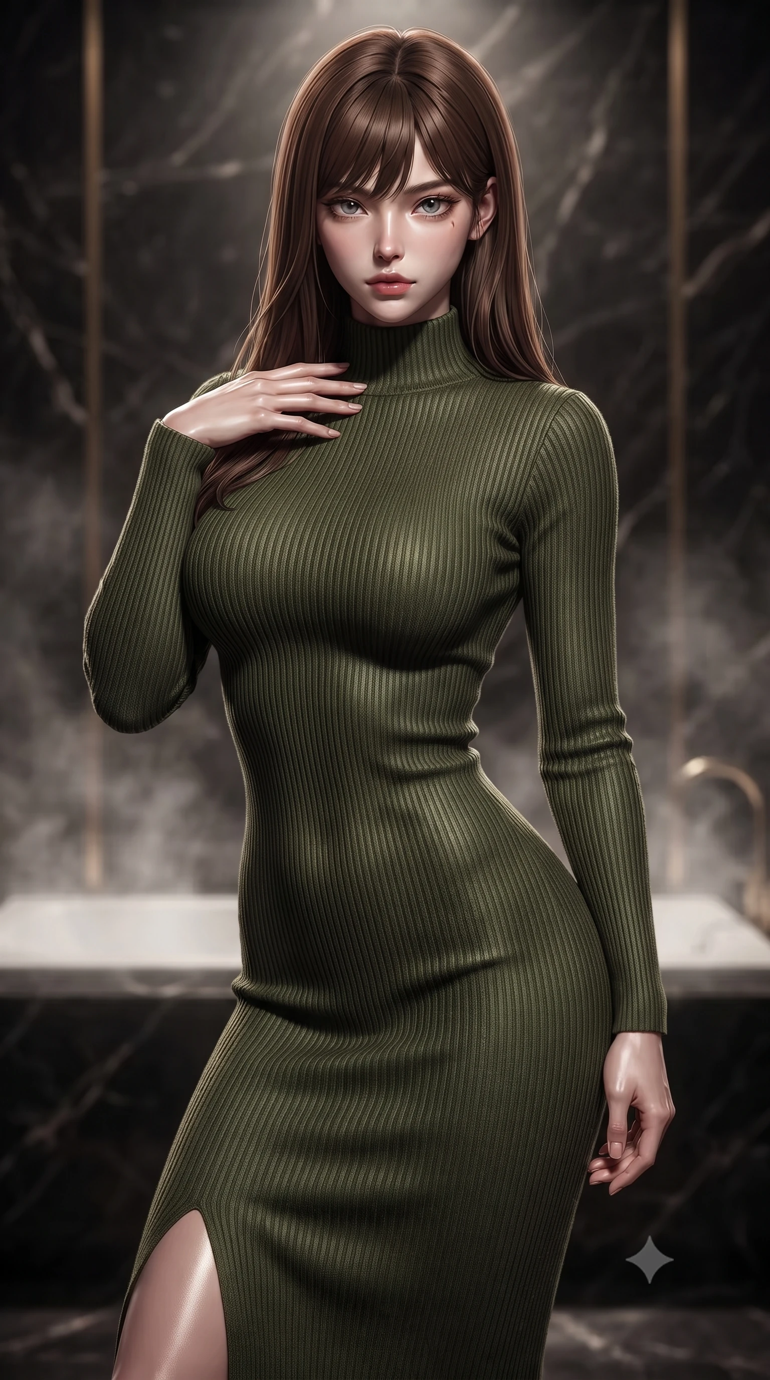score_9, masterpiece, best quality, ultra-detailed, high-budget anime keyframe, editorial fashion photography, tasteful artistic composition, Korean woman. close-up cowboy shot from the waist and thighs up, the character dominates the composition, filling the frame with her large presence, background elements kept in soft focus. standing with one hand resting on her collarbone, looking at the viewer with bedroom-eyes the background shows a soft-focus a steamy private bath chamber built of dark obsidian stone with gold accents. She has an exceptionally elegant, slender, and willowy female figure with an ultra-slim waist, a gracefully sculpted slender torso, and a refined silhouette. sharp v-shaped jawline, high-bridge nose, intricate jewel-like eyes with depth, thick eyelashes, glossy lips with a natural sheen. wearing a body-hugging form-contouring ribbed knit bodycon midi dress in olive green, tracing her slender silhouette with a high neck. dramatic chiaroscuro lighting focusing on her athletic, slender build. ultra-reflective glossy finish, specular highlights, metallic sheen, high-contrast stereoscopic depth, volumetric dynamic lighting, 2k, ultra detail, master piece, 9:16 ratio