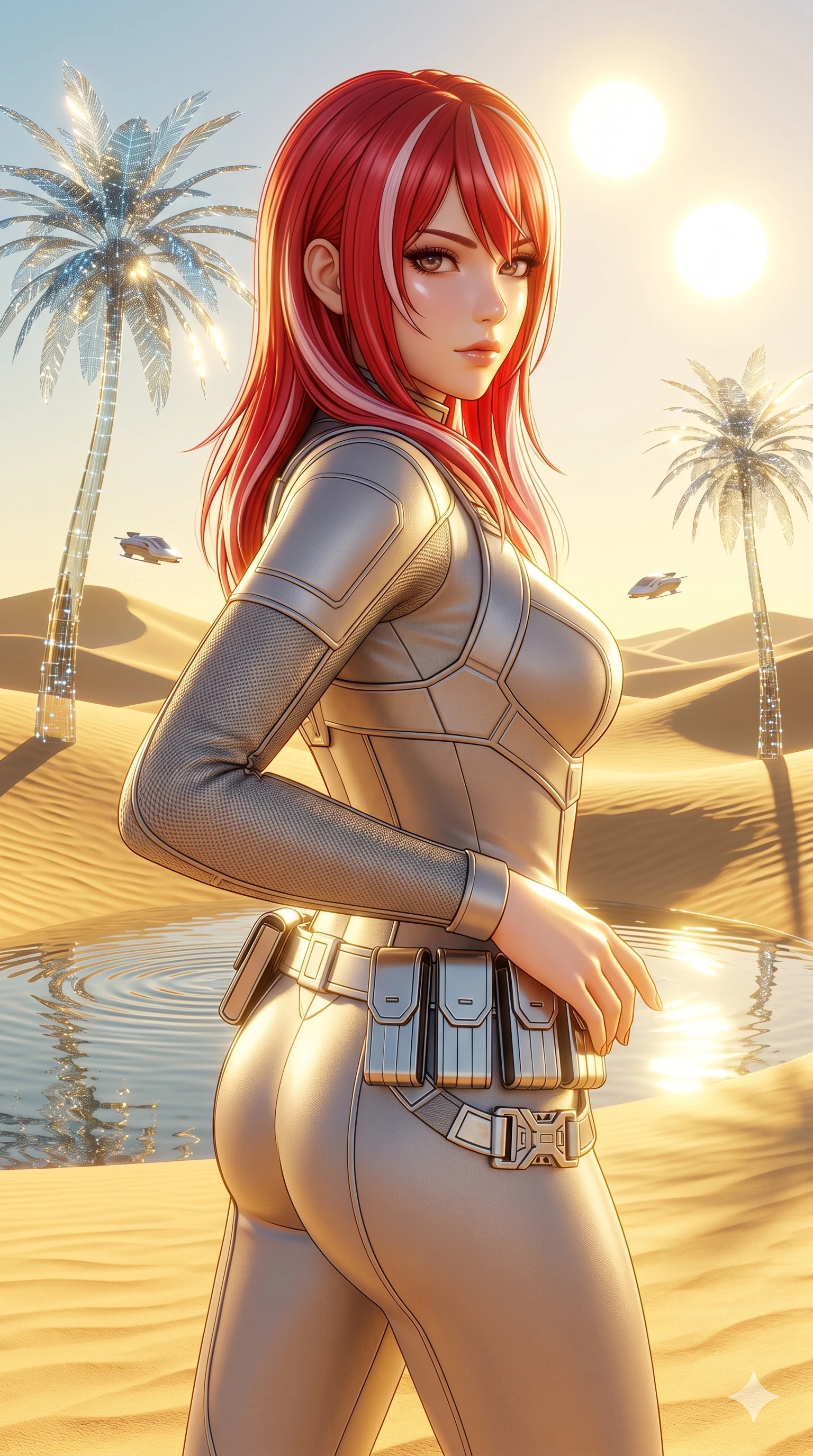 score_9, masterpiece, best quality, ultra-detailed, high-budget anime keyframe, semi-realistic 3D game render, Caucasian woman, strictly human ears. Upper body close-up from the thighs up, character filling the screen for maximum presence. She is walking through a futuristic sand dune oasis under twin suns, with digital glass palms reflecting gold. She turns her upper body with a captivating, mysterious expression. She has an absolutely perfect 8-heads proportion, a tall and elegant figure with a refined silhouette and a defined waistline. V-shaped jawline, high-bridge nose, intricate jewel-like eyes with depth, thick eyelashes, glossy lips with a natural sheen. She is wearing a high-fashion tech-jumpsuit featuring structured panel overlays across the torso and shoulders, accented by a metallic silver utility belt and textured fabric sleeves. The scene is bathed in intense, bright golden desert sun and sharp specular highlights on her smooth skin. 2k, ultra detail, master piece, 9:16 ratio