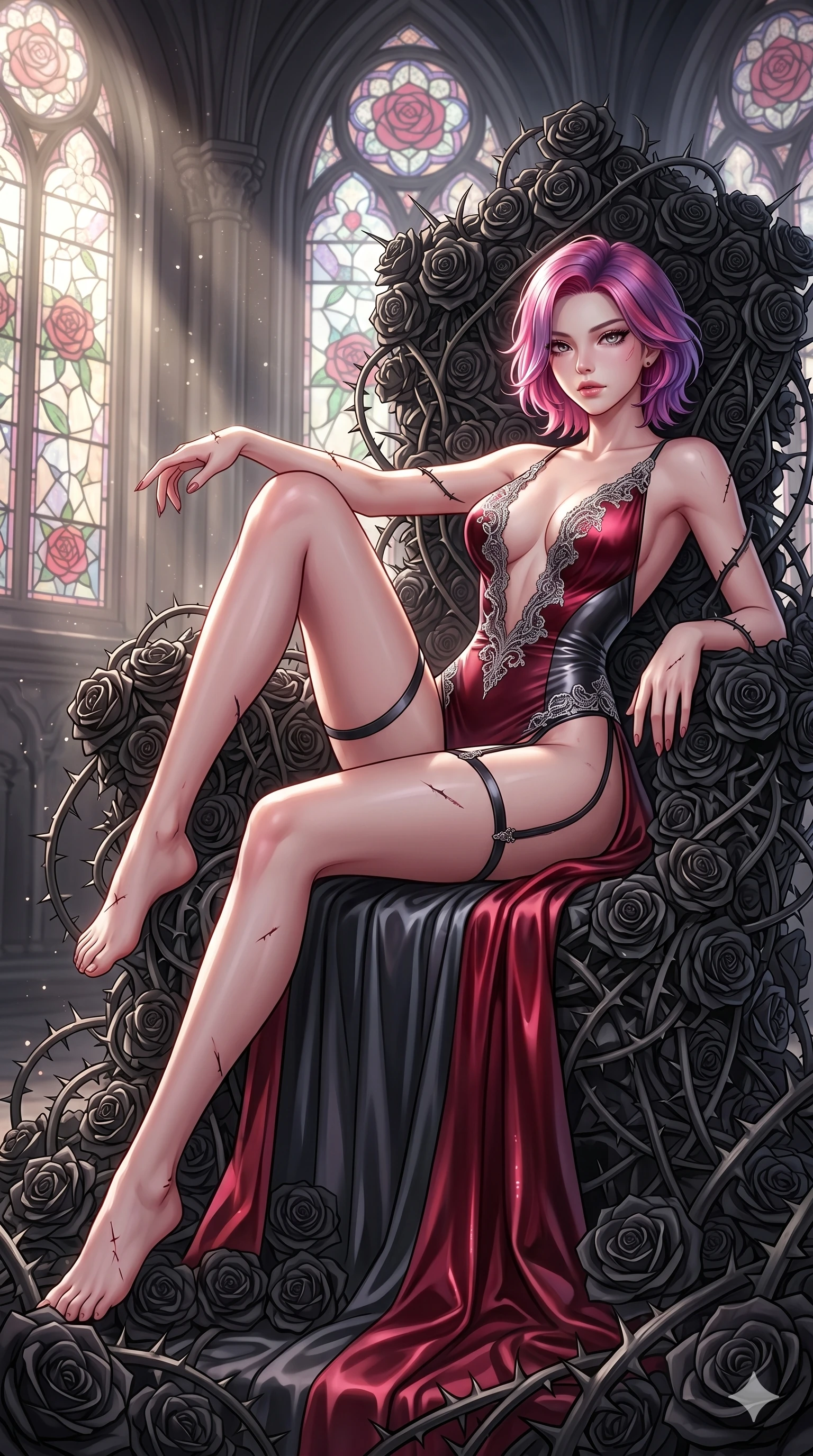 score_9, masterpiece, best quality, ultra-detailed, High-budget Anime Keyframe, East Asian woman. Dynamic full-body shot stretching the vertical silhouette to the limit. Scenario 280: Resting on a throne of black roses, thorns grazing her skin. Her presence is magnetic and overpowering in this high-budget anime scene. Outfit 280: A molten liquid silk garter with a plunging V-neckline and delicate lace embroidery. The clothing is designed to emphasize her exceptionally tall and slender 8-heads proportion. 8-heads proportion, towering silhouette, ultra-slim waist. sharp v-shaped jawline, intricate jewel-like eyes with depth, thick eyelashes, glossy lips. 2k, ultra detail, master piece, 9:16 ratio