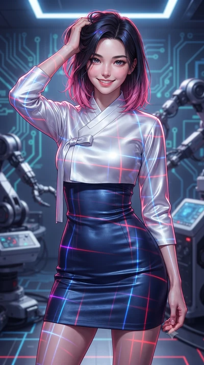 score_9, masterpiece, best quality, ultra-detailed, high-budget anime keyframe, editorial fashion photography, tasteful artistic composition, Korean woman. close-up cowboy shot from the waist and thighs up, the character dominates the composition, fi