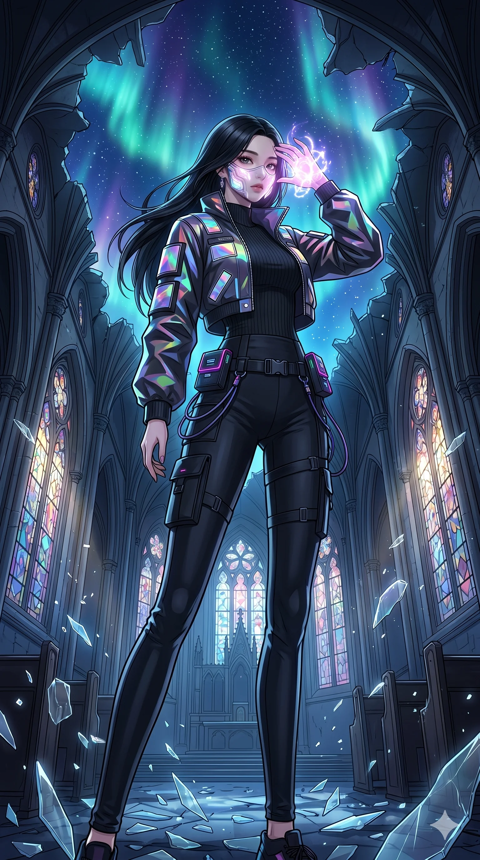 score_9, masterpiece, best quality, ultra-detailed, high-budget anime movie keyframe, cinematic anime lighting, intricate line art, Korean woman. Dynamic full-body shot stretching the vertical silhouette across the 9:16 frame. adjusting a glowing mask in a shattered stained glass cathedral amidst aurora borealis. She has an absolutely perfect 8-heads proportion, an exceptionally tall and slender female figure with an ultra-slim waist and impossibly long slender legs. sharp v-shaped jawline, high-bridge nose, intricate jewel-like eyes, thick eyelashes, glossy lips. Wearing modern urban tech-wear ensemble with a cropped reflective bomber jacket, ultra-slim high-waisted cargo leggings, and tactical harness with neon-lit pouches. The scene is illuminated by dramatic atmospheric lighting and vibrant color palettes. , 2k, ultra detail, master piece, 9:16 ratio
