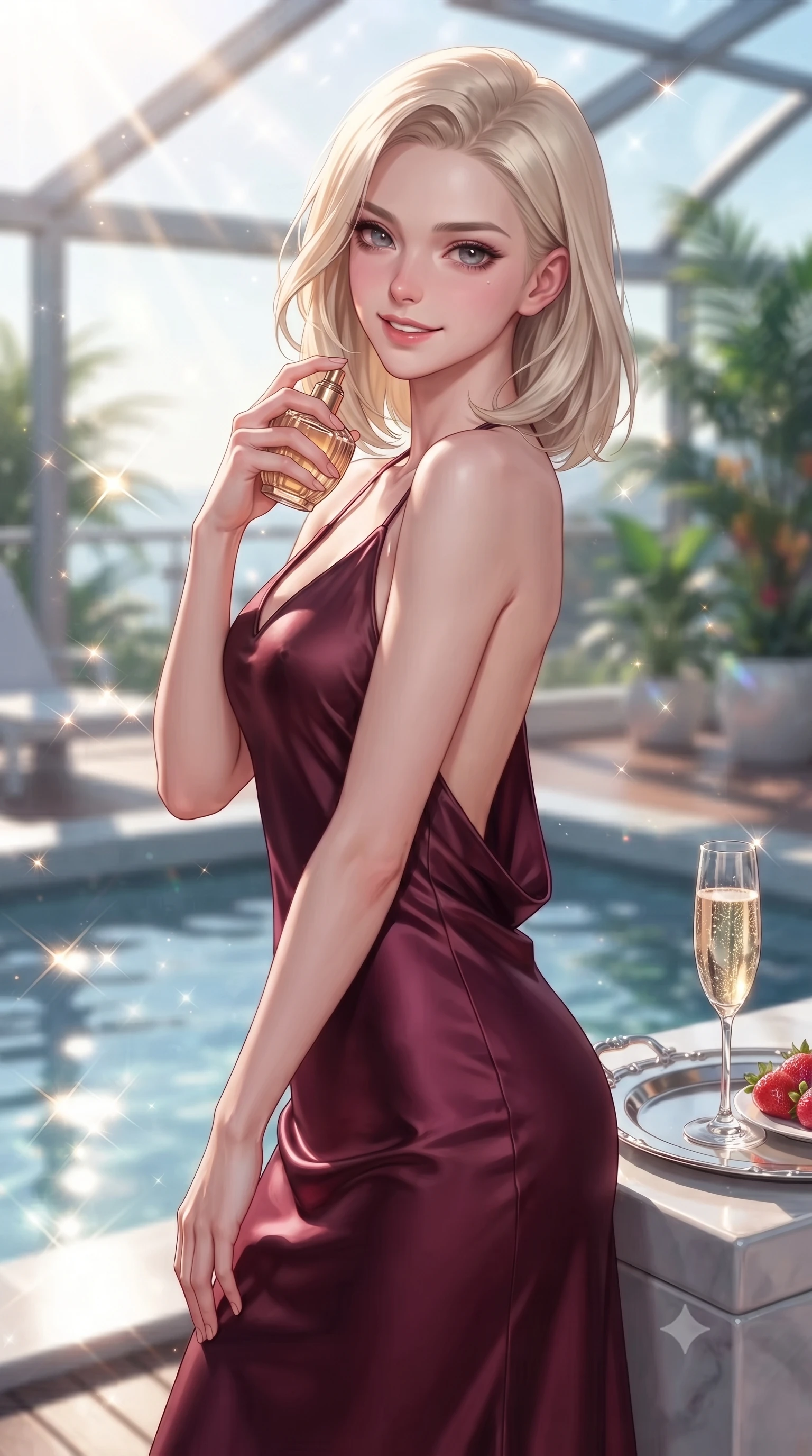 score_9, masterpiece, best quality, ultra-detailed, high-budget anime keyframe, editorial fashion photography, tasteful artistic composition, Caucasian woman. close-up cowboy shot from the waist and thighs up, the character dominates the composition, filling the frame with her large presence, background elements kept in soft focus. holding a vintage perfume bottle to her neck, smiling with quiet magnetic self-assurance set against a soft-focus background of inside an exclusive solarium deck with a crystal glass of sparkling champagne and fresh strawberries on a silver tray. She has an exceptionally elegant, slender, and willowy female figure with an ultra-slim waist, a gracefully sculpted slender torso, and a refined silhouette. sharp v-shaped jawline, high-bridge nose, intricate jewel-like eyes with depth, thick eyelashes, glossy lips with a natural sheen. wearing form-contouring deep burgundy liquid satin backless linen halter dress featuring delicate straps and a draped open-back design featuring refined tailored seams. lit by crisp morning sun rays creating sparkling glints on polished glass and water. highly saturated vibrant anime colors, detailed shading with soft gradients, rich glossy textures, high-contrast stereoscopic depth, volumetric dynamic lighting, master piece, 9:16 ratio