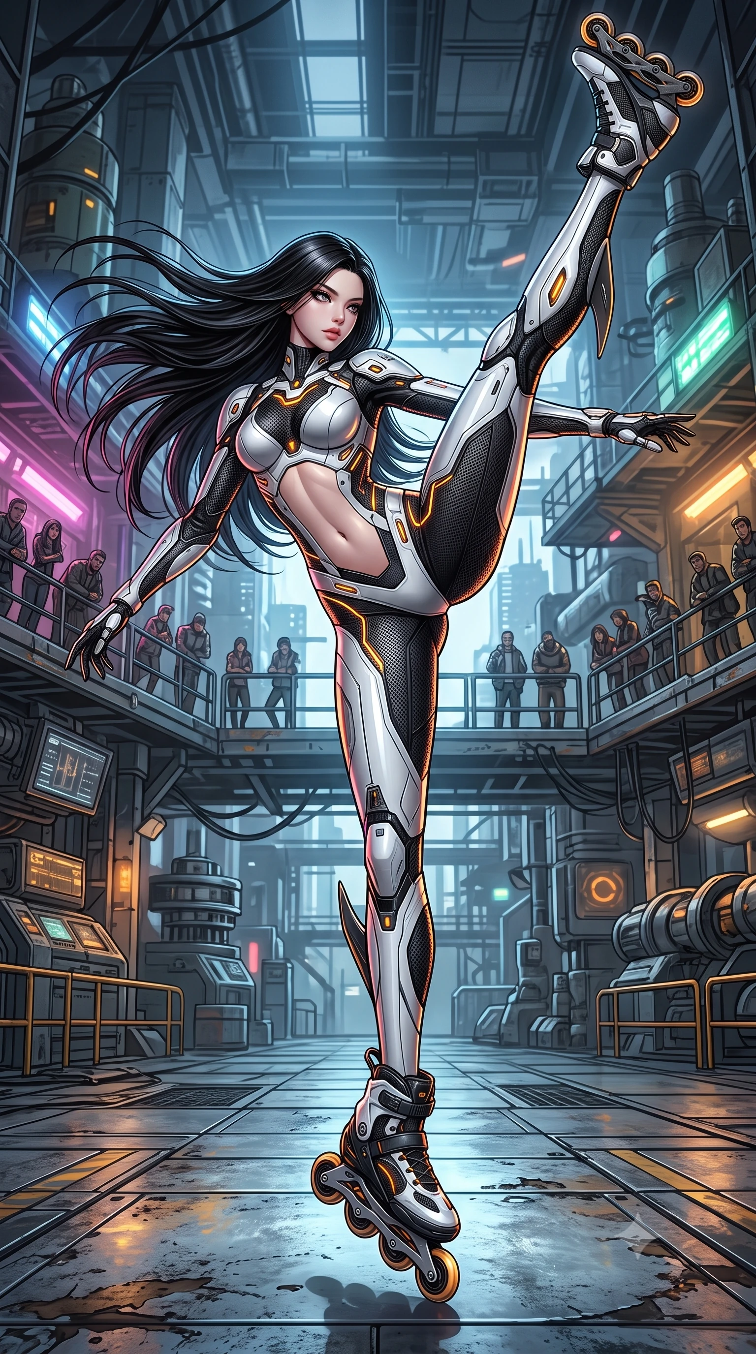 score_9, masterpiece, best quality, ultra-detailed, high-budget anime keyframe, semi-realistic 3D game render, editorial fashion photography, tasteful artistic composition, Korean woman. low angle full-body shot from head to toe showing her feet, filling the entire 9:16 vertical frame with her statuesque presence, stretching her vertical silhouette. executing a breathtaking zero-gravity high-kick with full 180-degree vertical extension, her impossibly long slender legs dominating the frame with razor-sharp poise while pivoting dynamically on high-speed magnetic skates, launching into a high kinetic jump above the roaring industrial arena. The surrounding environment is rendered in vivid detail and crisp panoramic clarity. high-contrast cyberpunk sports chiaroscuro and raw kinetic energy captured with environmental precision. She has an absolutely perfect, statuesque 8.5-heads proportion, an exceptionally tall and slender model-like female figure with impossibly long slender legs, a toned flat midriff, and an ultra-slim waist. sharp v-shaped jawline, high-bridge nose, intricate jewel-like eyes with depth, thick eyelashes, glossy lips with a natural sheen, flawlessly proportioned anatomical accuracy, strict slender model proportions, natural body alignment, perfectly sculpted long slender limbs, ultra-slim waistline, clean dynamic posture without body distortion. wearing a high-contrast monochrome white-and-black carbon-composite exoskeleton suit with glowing amber circuitry and aerodynamic limb fins in monochrome white enamel carbon with high-contrast black panels, tailored from flexible second-skin carbon-mesh that clings flawlessly to her athletic curves, featuring a sleek aerodynamic collar framed by subtle glowing cybernetic status LEDs, the precision-cut daring openings accentuating her delicate midriff, graceful bare collarbones, and ultra-slim feminine waistline. surrounded by an exhilarating, fierce, and breathtakingly stylish cyborg-warrior champion aura. rich saturated anime colors with glowing neon highlights, detailed shading with soft gradients, rich glossy textures, high-contrast stereoscopic depth, volumetric dynamic lighting, master piece, 9:16 ratio