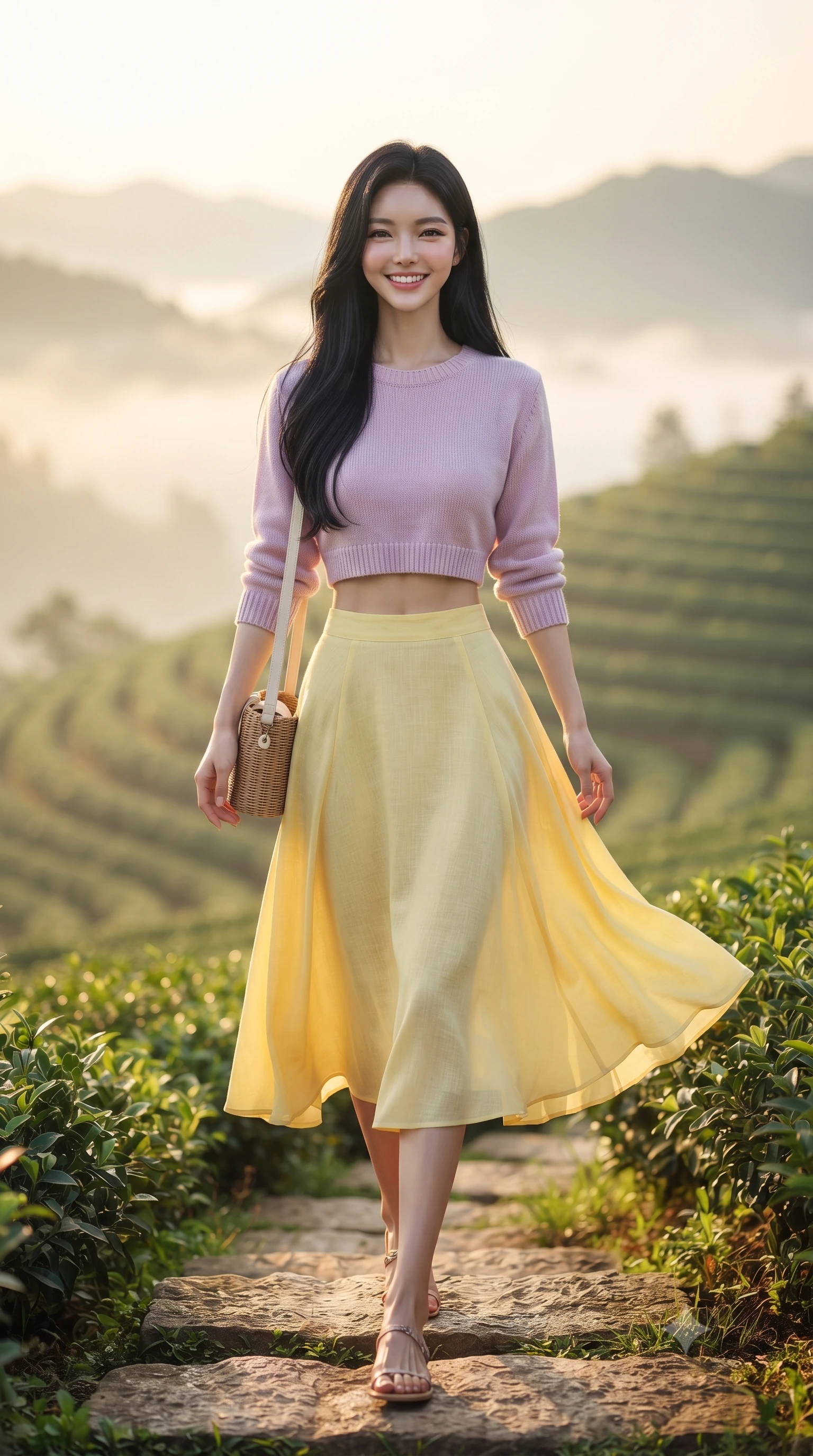 score_9, masterpiece, best quality, ultra-detailed, high-budget anime keyframe, editorial fashion photography, tasteful artistic composition, Korean woman. low angle full-body shot from head to toe showing her feet, filling the entire 9:16 vertical frame with her statuesque presence, stretching her vertical silhouette. walking forward in a cheerful, dynamic stride with a radiant beaming smile, her statuesque silhouette filling the frame while pivoting dynamically on a stone garden step as the first rays of morning sun break over the emerald tea terraces. The composition keeps background elements in soft focus with creamy bokeh. curling morning mist layers and terraced emerald tea ridges blurred into soft pastel green and golden dawn bokeh. She has an absolutely perfect, statuesque 8.5-heads proportion, an exceptionally tall and slender model-like female figure with impossibly long slender legs, a toned flat midriff, and an ultra-slim waist. sharp v-shaped jawline, high-bridge nose, intricate jewel-like eyes with depth, thick eyelashes, glossy lips with a natural sheen, pure and lovely fresh girlhood expression, flawlessly proportioned anatomical accuracy, strict slender model proportions, natural body alignment, perfectly sculpted long slender limbs, ultra-slim waistline, clean dynamic posture without body distortion. wearing a stylish cropped pastel knit pullover paired with a high-waisted flowy A-line linen skirt in fresh buttercup yellow and clean cream white, made of fine lightweight chiffon with a soft fluid drape, accessorized with a rustic woven wicker bag and canvas strap, the soft airy drape swaying gracefully with her dynamic movements, emphasizing her tall willowy build and slim waistline. illuminated by gentle morning sunbeams casting a warm, dewy glow on her skin and attire. ultra-reflective glossy finish, specular highlights, rich natural textures, high-contrast stereoscopic depth, volumetric dynamic lighting, 2k, ultra detail, master piece, 9:16 ratio