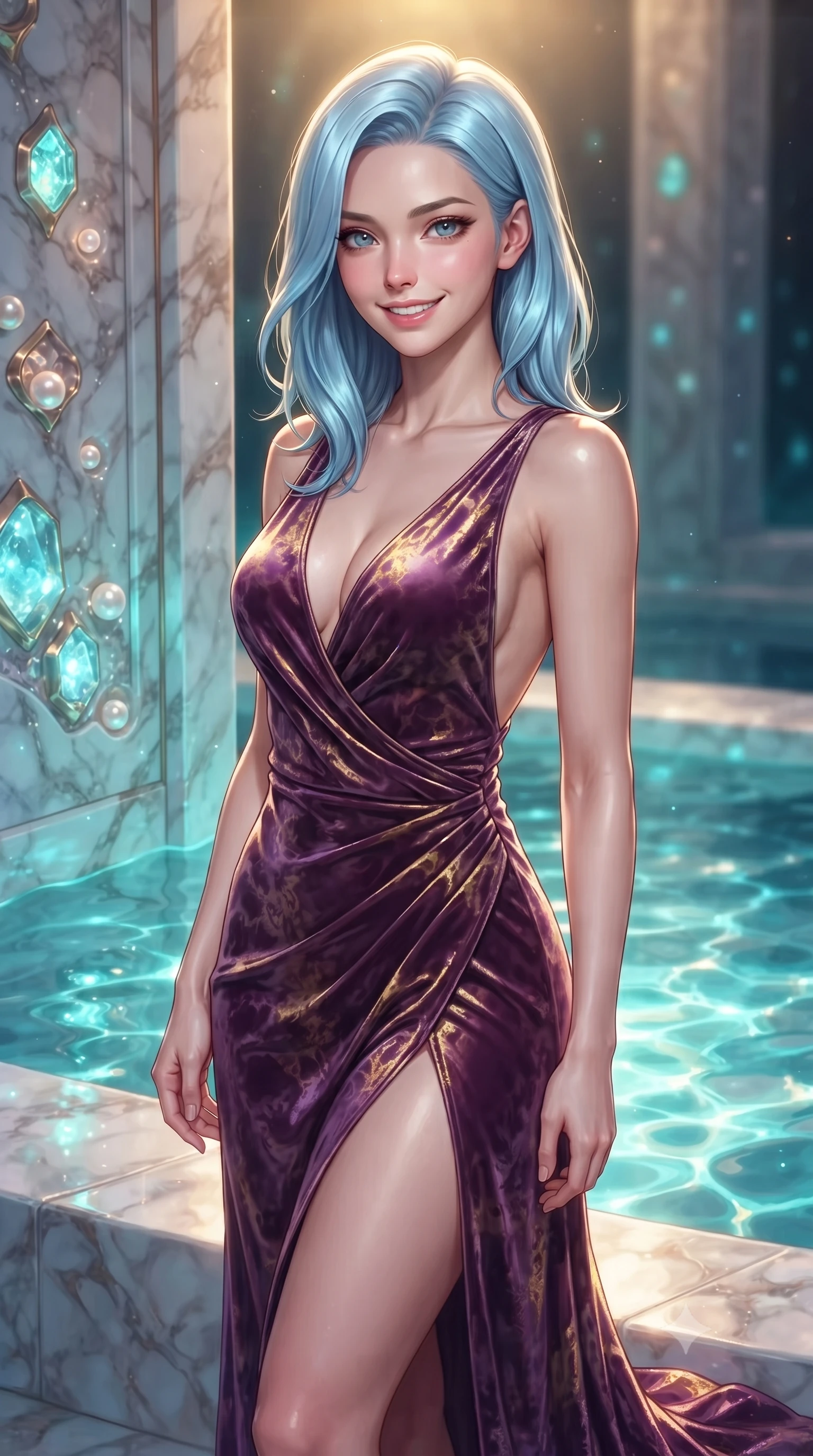 score_9, masterpiece, best quality, ultra-detailed, high-budget anime keyframe, editorial fashion photography, tasteful artistic composition, Korean woman. close-up cowboy shot from the waist and thighs up, the character dominates the composition, filling the frame with her large presence, background elements kept in soft focus. Smiling with quiet, magnetic self-assurance directly into the lens standing beside a pearl archive sanctuary filled with glowing sea crystals, shimmering water reflections dancing dynamically across the marble walls. She has an exceptionally elegant, slender, and willowy female figure with an ultra-slim waist, a gracefully sculpted slender torso, and a refined silhouette. sharp v-shaped jawline, high-bridge nose, intricate jewel-like eyes with depth, thick eyelashes, glossy lips with a natural sheen. wearing a backless crushed velvet gown with a deep V-neckline and high thigh slit in plum purple and gold filigree, crafted from lustrous satin jersey with fluid draping, accented with a Tasteful chest slit framing her clavicle gracefully, the sleek second-skin texture accentuating her magnetic presence. illuminated by luminous aqua bioluminescence and warm golden top lighting. highly saturated vibrant anime colors, detailed shading with soft gradients, rich glossy textures, high-contrast stereoscopic depth, volumetric dynamic lighting, master piece, 9:16 ratio