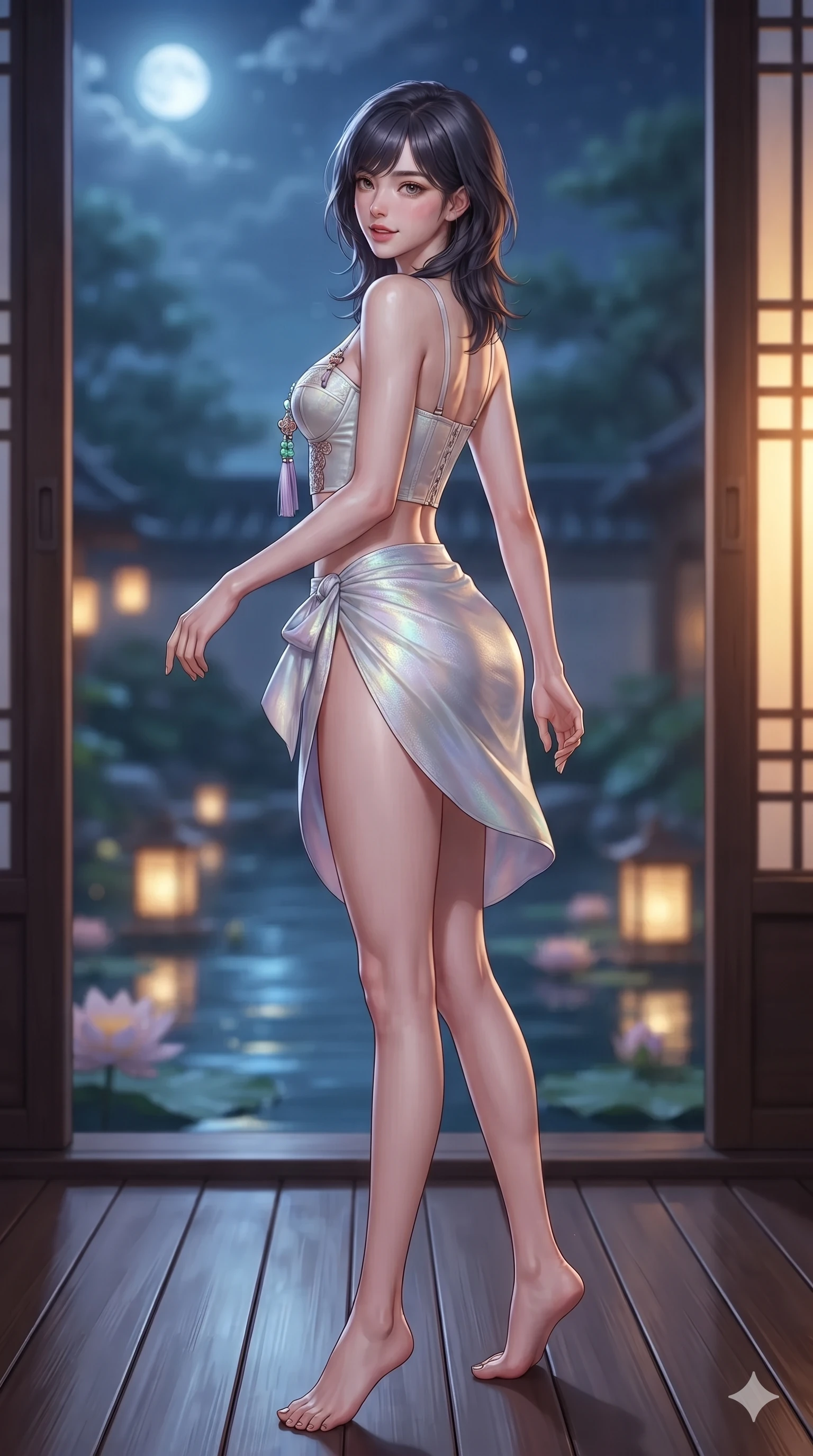 score_9, masterpiece, best quality, ultra-detailed, high-budget anime keyframe, editorial fashion photography, tasteful artistic composition, Japanese woman. low angle full-body shot from head to toe showing her feet, filling the entire 9:16 vertical frame with her statuesque presence, stretching her vertical silhouette. executing a slow, graceful pivot turn as her silk wrap skirt sways around her slender legs, glancing back with an enchanting, teasing sensual expression while stepping slowly along the polished wooden decking with hypnotic grace, hips swaying in an alluring sensual rhythm that accentuates her curvy hourglass silhouette. The background shows a soft-focus tranquil royal water garden softened in atmospheric nocturnal shallow focus. She has an absolutely perfect, statuesque 8.5-heads proportion, an exceptionally tall and slender model-like female figure with impossibly long slender legs, an ultra-slim waist, a flat toned midriff, narrow delicate ribcage, and beautifully sculpted feminine hips creating a graceful, slim hourglass silhouette without any bulky heaviness. sharp v-shaped jawline, high-bridge nose, sparkling eyes with hypnotic seductive depth, thick curled eyelashes, glossy parted lips with a natural dewy peach sheen, alluring bedroom-eyes with an enchanting coquettish smile, exuding magnetic siren charisma and sophisticated glamour, flawlessly proportioned anatomical accuracy, strict slender model proportions, natural body alignment, perfectly sculpted long slender limbs, ultra-slim waistline, clean dynamic posture without body distortion. wearing a structured underwire silk bustier top with norigae accents paired with a high-cut draped sarong mini wrap in iridescent mother-of-pearl and misty lavender, woven from bespoke Korean ramie fabric with crisp tactile slub texture, finished with glistening drops of night dew beading across her sculpted shoulders and flat midriff, the high-slit wrap tailoring accentuating her ultra-slim waistline and the enchanting curve of her feminine hips with alluring seductive charm. bathed in soft celestial moonlight combined with warm golden light spilling through open veranda doors. ultra-reflective glossy finish, specular highlights, rich textural contrasts, high-contrast stereoscopic depth, volumetric dynamic lighting, 2k, ultra detail, master piece, 9:16 ratio