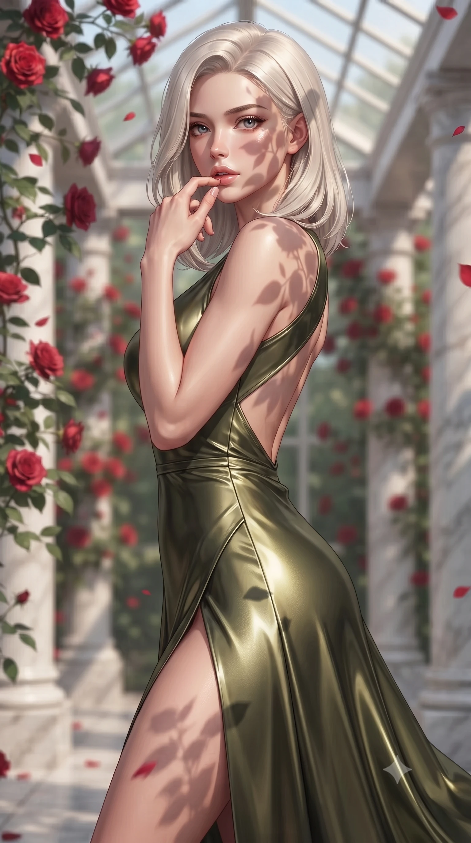 score_9, masterpiece, best quality, ultra-detailed, high-budget anime keyframe, editorial fashion photography, tasteful artistic composition, Caucasian woman. close-up cowboy shot from the waist and thighs up, the character dominates the composition, filling the frame with her large presence, background elements kept in soft focus. pressing one finger to her bottom lip in a thoughtful, seductive gesture under the warm sun the background shows a soft-focus a secluded rose garden glasshouse with climbing red roses and white marble pillars. She has an exceptionally elegant, slender, and willowy female figure with an ultra-slim waist, a gracefully sculpted slender torso, and a refined silhouette. sharp v-shaped jawline, high-bridge nose, intricate jewel-like eyes with depth, thick eyelashes, glossy lips with a natural sheen. wearing a form-contouring dramatic open-back maxi dress in olive green, featuring a high thigh slit. soft morning sun rays casting elegant shadows of leaves and petals. ultra-reflective glossy finish, specular highlights, metallic sheen, high-contrast stereoscopic depth, volumetric dynamic lighting, 2k, ultra detail, master piece, 9:16 ratio