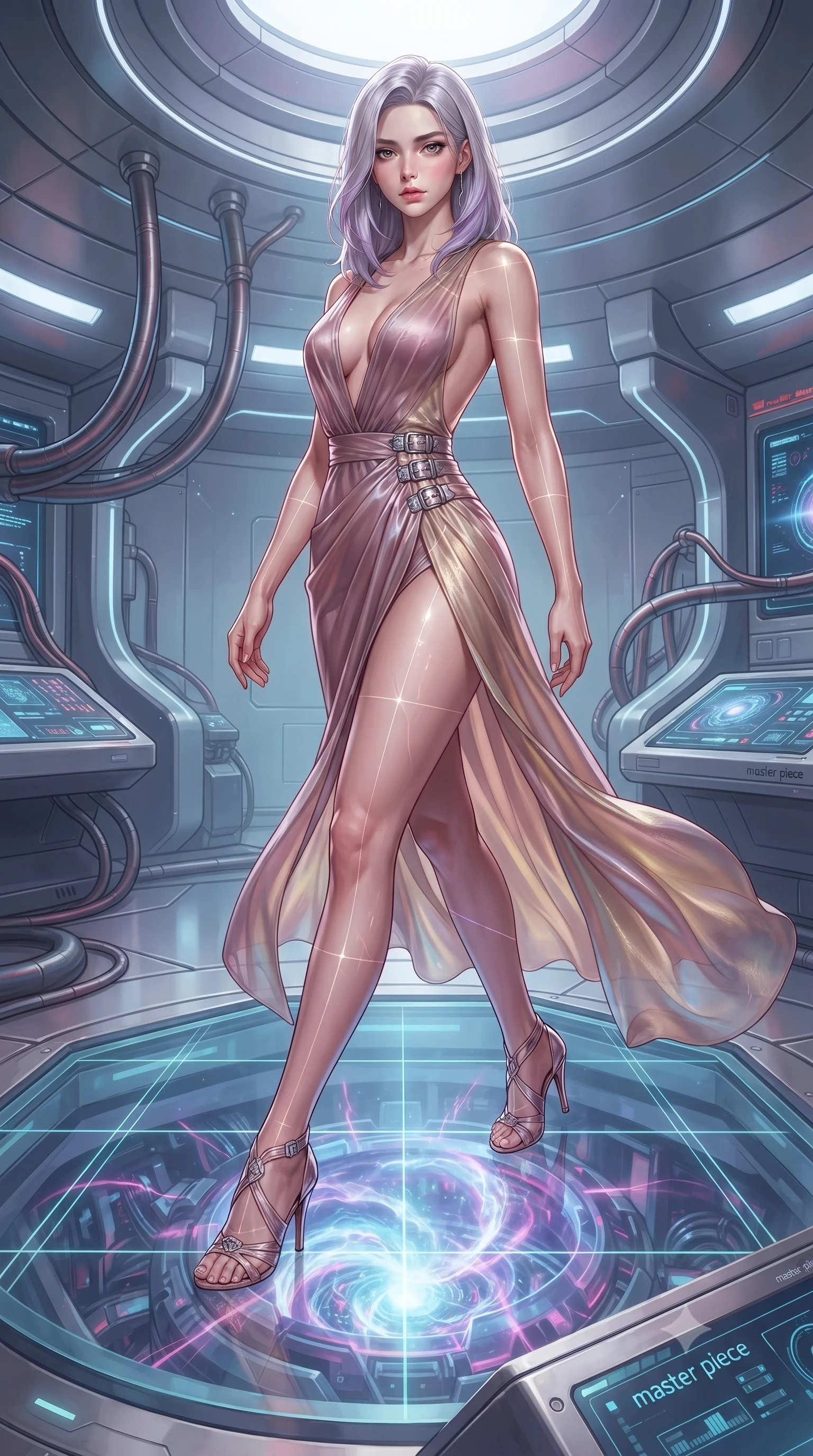 score_9, masterpiece, best quality, ultra-detailed, high-budget anime keyframe, editorial fashion photography, tasteful artistic composition, Caucasian woman. low angle full-body shot from head to toe showing her feet, filling the entire 9:16 vertical frame with her statuesque presence, stretching her vertical silhouette. stepping forward with proud posture, filling the vertical frame with her magnetic presence poised on a glass platform over a quantum particle accelerator core, laser lines casting precise geometric grid highlights on her athletic form. She has an absolutely perfect, statuesque 8.5-heads proportion, an exceptionally tall and slender model-like female figure with impossibly long slender legs and an ultra-slim waist. sharp v-shaped jawline, high-bridge nose, intricate jewel-like eyes with depth, thick eyelashes, glossy lips with a natural sheen. wearing a translucent iridescent chiffon gown with a plunging neckline and open back in dusty rose and champagne gold, crafted from lustrous satin jersey with fluid draping, detailed with polished silver buckles along the waistline, the form-contouring material highlighting her ultra-slim waist and long lines. surrounded by a crisp high-tech illumination highlighting every sleek curve. highly saturated vibrant anime colors, detailed shading with soft gradients, rich glossy textures, high-contrast stereoscopic depth, volumetric dynamic lighting, master piece, 9:16 ratio