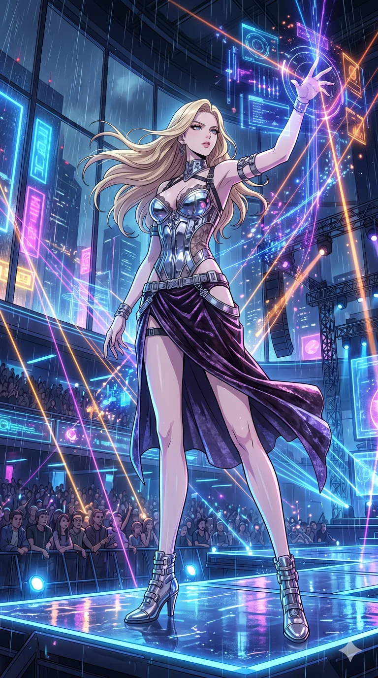 score_9, masterpiece, best quality, ultra-detailed, High-budget Anime Keyframe, vibrant colors, fluid line-art, expressive lighting, cinematic composition, Ufotable-style visual effects, top-tier animation quality, Caucasian woman with pale skin, blonde hair, and (strictly human ears). Cinematic low angle perspective showcasing her towering height and perfect 8-heads proportion. Orchestrating a complex symphony of laser lights and holographic projections in a grand futuristic concert hall. She has an absolutely perfect 8-heads proportion, an exceptionally tall and slender female figure with impossibly long slender legs and an ultra-slim waist, her statuesque height and towering silhouette dominating the vertical 9:16 frame. Her face is a masterpiece featuring a sharp v-shaped jawline, high-bridge nose, intricate jewel-like eyes with depth, thick eyelashes, and glossy lips with a natural sheen. She is wearing a Chrome-plated corset over a sheer lace base with tactical straps and metallic buckles crafted from Crushed dark velvet with a deep, rich texture that absorbs light and glows at the edges, featuring strategic side cut-outs that emphasize her ultra-slim waist and hips. The scene is set in a sprawling cyberpunk metropolis in heavy rain with vibrant neon glows reflecting on every surface, illuminated by soft bioluminescent glow from the environment casting ethereal colors on her skin. 2k, ultra detail, master piece, 9:16 ratio