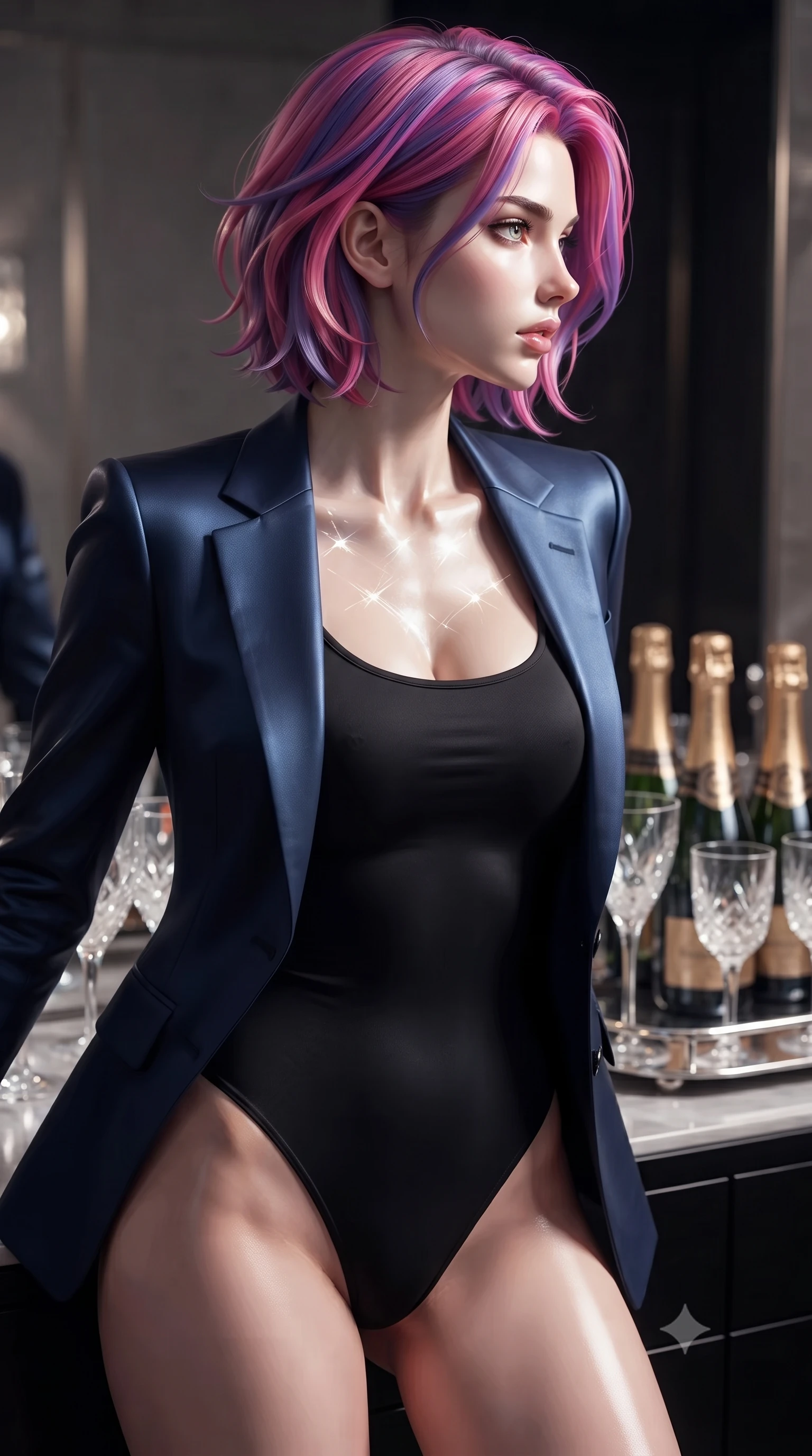 score_9, masterpiece, best quality, ultra-detailed, high-budget anime keyframe, editorial fashion photography, tasteful artistic composition, Caucasian woman. close-up cowboy shot from the waist and thighs up, the character dominates the composition, filling the frame with her large presence, background elements kept in soft focus. turning her face in sharp profile, casting a cold, mysterious, yet intensely alluring side gaze, the background shows a soft-focus a private box suite pantry with champagne bottles and crystal glasses on a silver tray. She has an exceptionally elegant, slender, and willowy female figure with an ultra-slim waist, a gracefully sculpted slender torso, and a refined silhouette. sharp v-shaped jawline, high-bridge nose, intricate jewel-like eyes with depth, thick eyelashes, glossy lips with a natural sheen. wearing a tailored sleek tailored blazer in navy blue worn closed over a tight-fitting black bodysuit. shimmering light refracting through glass onto her elegant collarbone. ultra-reflective glossy finish, specular highlights, metallic sheen, high-contrast stereoscopic depth, volumetric dynamic lighting, 2k, ultra detail, master piece, 9:16 ratio