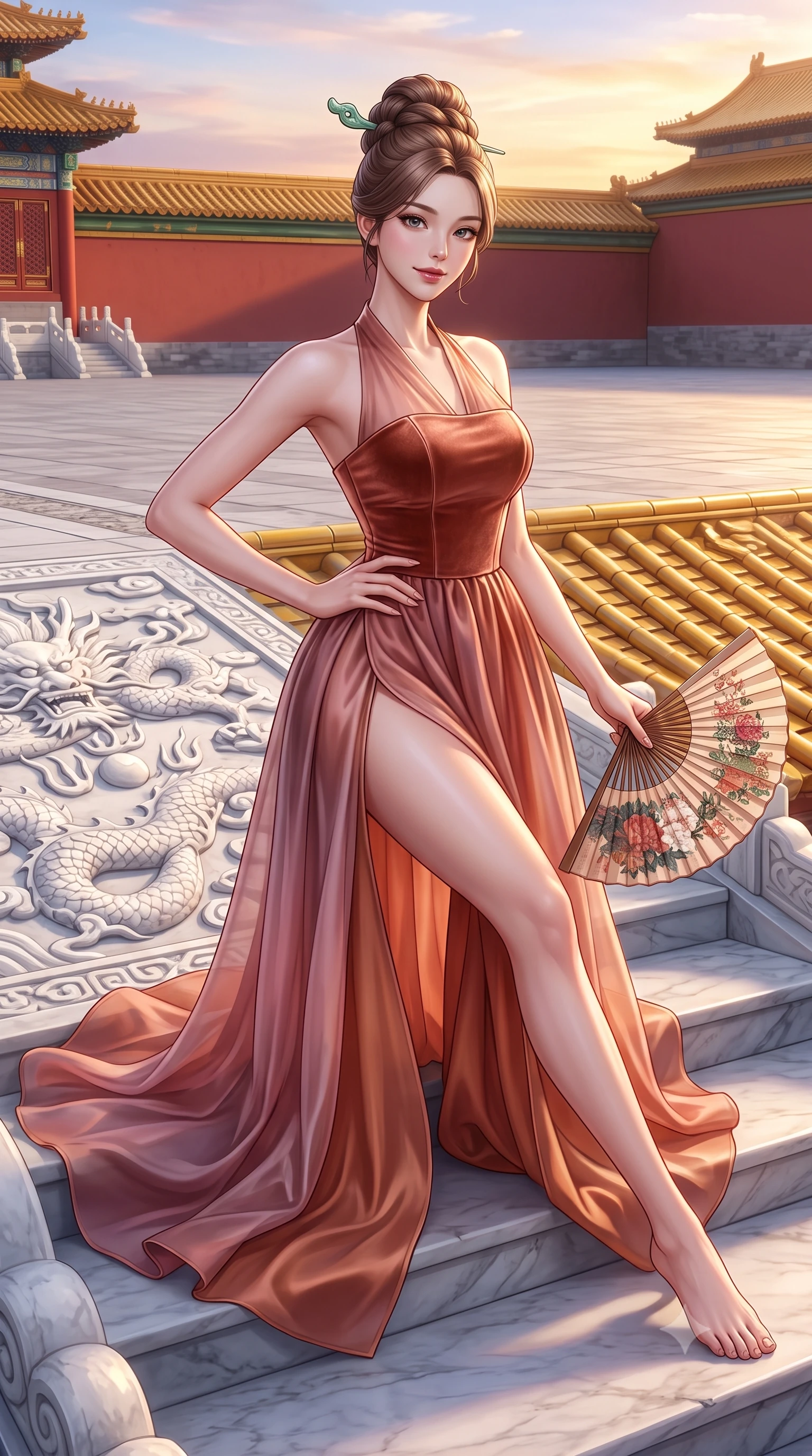 score_9, masterpiece, best quality, ultra-detailed, high-budget anime keyframe, semi-realistic 3D game render, editorial fashion photography, tasteful artistic composition, Korean woman. close-up cowboy shot from the waist and thighs up, the character dominates the composition, filling the frame with her large presence. twisting her slender torso in an alluring contrapposto stance, one hand resting on her sculpted hip while holding a traditional silk folding fan with effortless poise while lounging gracefully on the wide marble terrace steps with legs extended, her tailored high-slit gown commanding the monumental historic plaza. The surrounding environment is rendered in vivid detail and crisp panoramic clarity: sharp carved white marble dragon relief textures, yellow glazed tile bevels, and red palace wall paint in deep focus. She has an exceptionally elegant, slender, and willowy female figure with an ultra-slim waist, flat toned midriff, narrow ribcage, and sculpted feminine hips creating an alluring, slim hourglass silhouette without bulk. sharp v-shaped jawline, high-bridge nose, intricate jewel-like dark sparkling almond eyes with depth, thick lashes, glossy parted lips with a natural rose-plum sheen, bright alluring and coquettish smile with bedroom-eyes, exuding both timeless oriental elegance and sovereign high-fashion allure, flawlessly proportioned anatomical accuracy, strict slender model proportions, natural body alignment, perfectly sculpted long slender limbs, ultra-slim waistline, clean dynamic posture without body distortion. wearing a modern fusion hanbok dress with a structured velvet bodice and cascading sheer ombre organza skirt with front slit in dusty rose pink and burnished copper, crafted from heavy fluid silk satin with a liquid mirror-like sheen, featuring a modern sculptural jade hair pin securing her loose silky updo, the precision-cut side hip slits and low-back scoop framing her graceful spine and the sensual sweep of her slim, toned hips. bathed in dramatic twilight golden hour light streaming horizontally across the vast marble plaza. highly saturated vibrant anime colors, detailed shading with soft gradients, rich glossy textures, high-contrast stereoscopic depth, volumetric dynamic lighting, master piece, 9:16 ratio