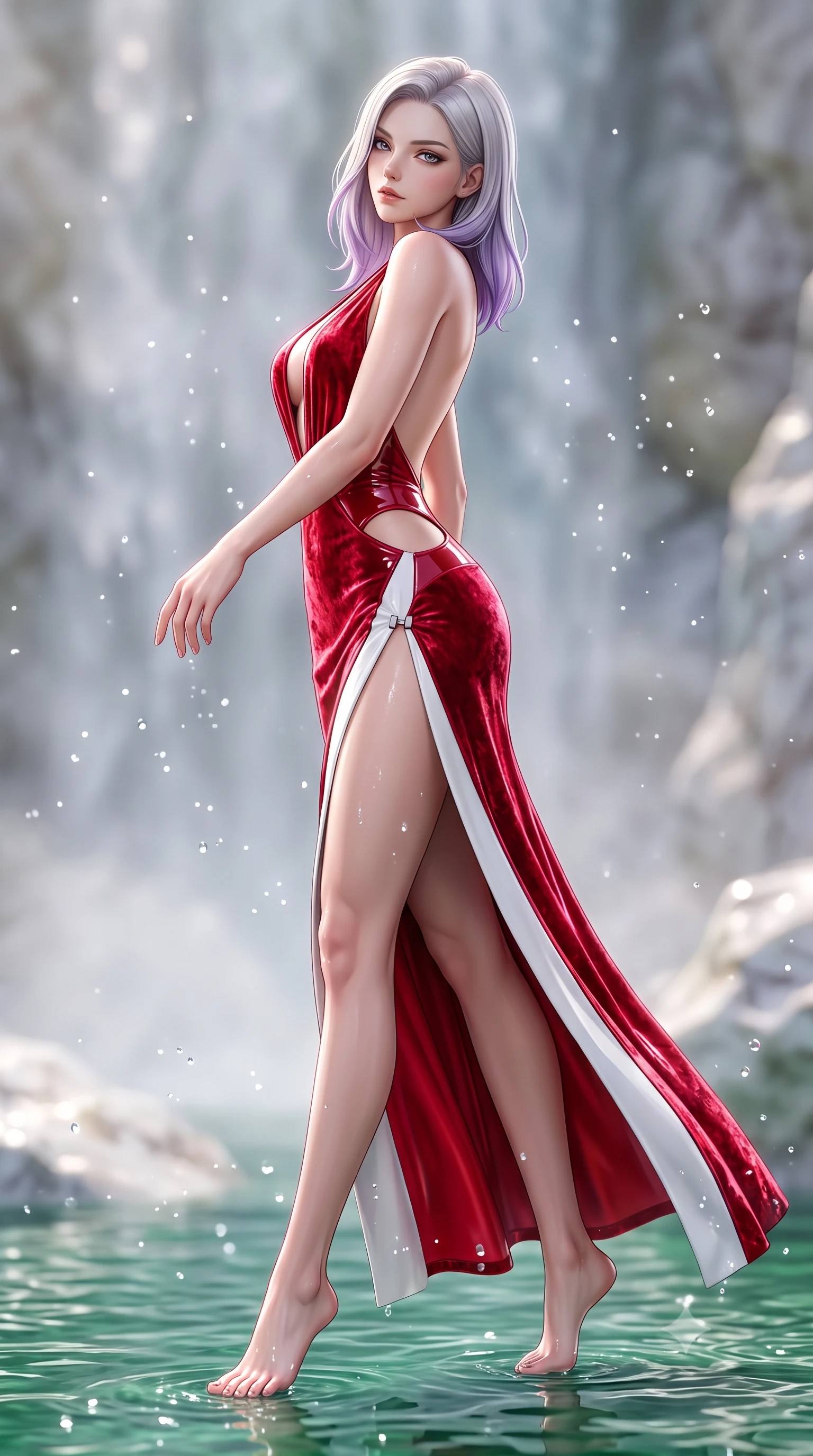score_9, masterpiece, best quality, ultra-detailed, high-budget anime keyframe, semi-realistic 3D game render, editorial fashion photography, tasteful artistic composition, Caucasian woman. low angle full-body shot from head to toe showing her feet, filling the entire 9:16 vertical frame with her statuesque presence, stretching her vertical silhouette. arching her back in a fluid zero-gravity turn with sovereign grace, her long slender legs and sculpted torso creating a sweeping line while stepping gracefully through shallow emerald water with an alluring, confident backward glance. The composition keeps background elements in soft focus with creamy bokeh. rising water mist and marble rock formations softened by luminous shallow depth of field. She has an absolutely perfect, statuesque 8.5-heads proportion, an exceptionally tall and slender model-like female figure with impossibly long slender legs, a toned flat midriff, and an ultra-slim waist. sharp v-shaped jawline, high-bridge nose, intricate jewel-like eyes with depth, thick eyelashes, glossy lips with a natural sheen, flawlessly proportioned anatomical accuracy, strict slender model proportions, natural body alignment, perfectly sculpted long slender limbs, ultra-slim waistline, clean dynamic posture without body distortion. wearing a backless crimson crushed velvet gown with a deep plunging V-neckline, strategic hip cutouts, and an ultra-high thigh slit in radiant crimson silk and crisp snow white, formed from high-gloss patent material with specular light reflections, finished with an ultra-high side slit secured by miniature magnetic clasps, the liquid-tight tailored fabric emphasizing every curve of her tall, slender model proportions and sculptured silhouette during dynamic movement. illuminated by sparkling water droplet refractions and crisp white key lighting. highly saturated vibrant anime colors, detailed shading with soft gradients, rich glossy textures, high-contrast stereoscopic depth, volumetric dynamic lighting, master piece, 9:16 ratio