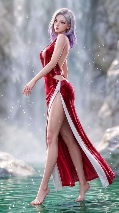 score_9, masterpiece, best quality, ultra-detailed, high-budget anime keyframe, semi-realistic 3D game render, editorial fashion photography, tasteful artistic composition, Caucasian woman. low angle full-body shot from head to toe showing her feet, 