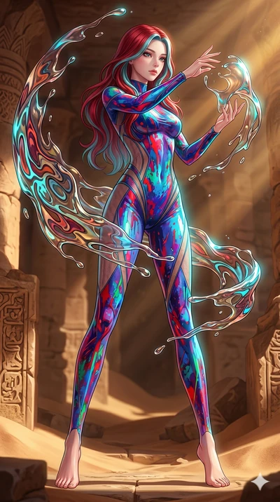 score_9, masterpiece, best quality, ultra-detailed, high-budget anime keyframe, Japanese woman. low angle full-body shot filling the entire 9:16 frame with her statuesque presence, stretching the vertical silhouette. interacting with liquid stained-g