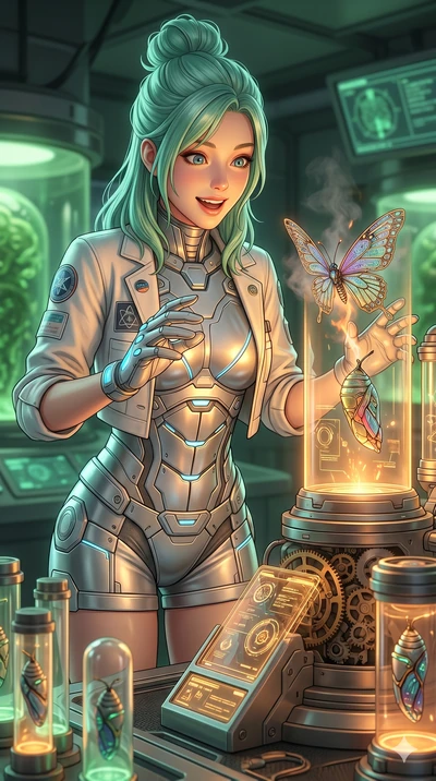 score_9, masterpiece, best quality, ultra-detailed, high-budget anime keyframe, semi-realistic 3D game render, Japanese woman. Upper body close-up from the thighs up, character filling the screen for maximum presence. Standing next to a robotic butte