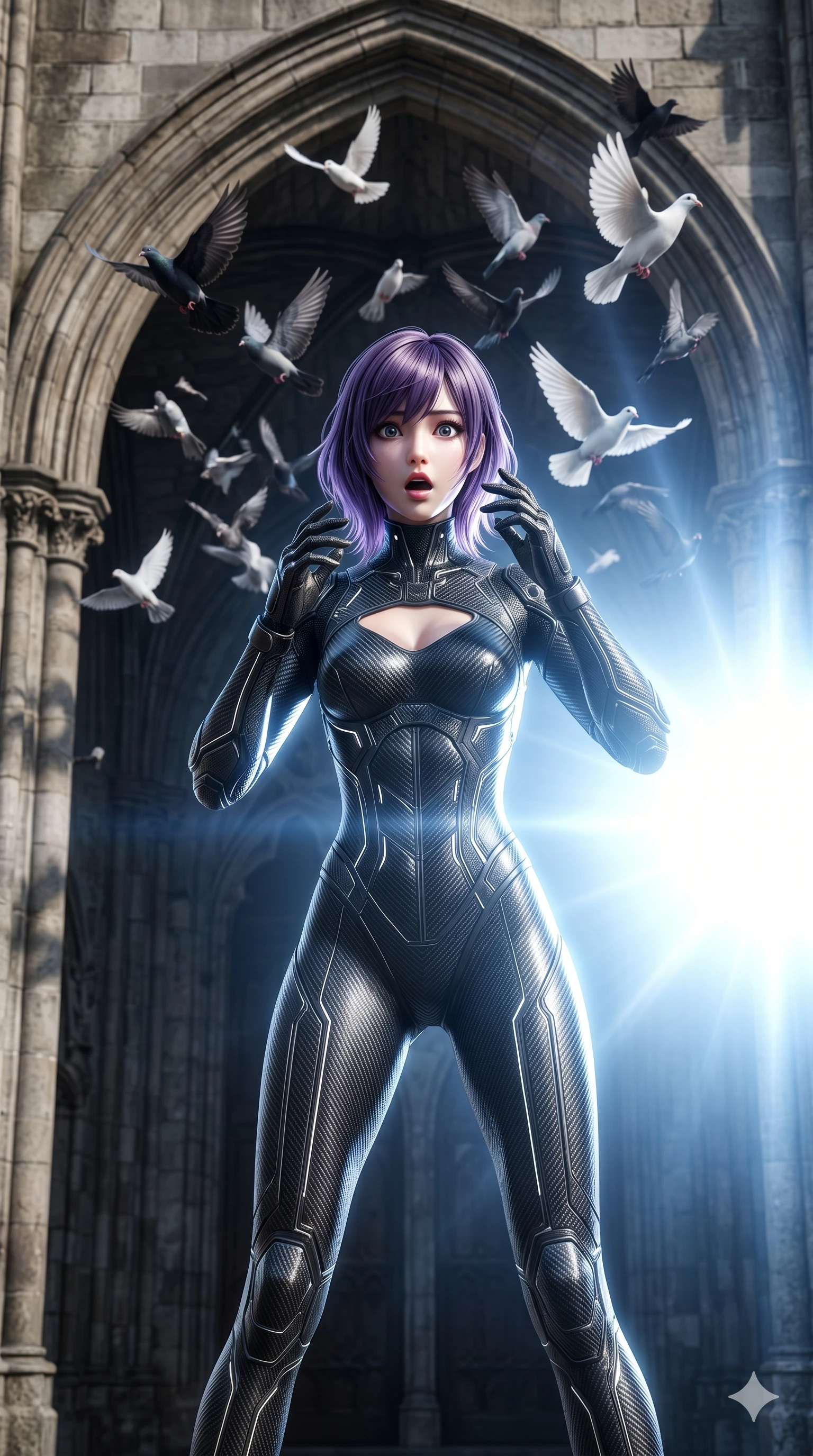 score_9, masterpiece, best quality, ultra-detailed, high-budget anime keyframe, editorial fashion photography, tasteful artistic composition, Japanese woman. cowboy shot from the thighs up, character and outfit filling the frame for maximum editorial presence. gasping slightly with a shocked look, her eyes locking onto the camera in sudden realization standing under an old cathedral archway as a flock of birds bursts out (Scenario Code U-6). She has an absolutely perfect 8-heads proportion, an exceptionally tall and slender female figure with impossibly long slender legs and an ultra-slim waist. V-shaped jawline, high-bridge nose, intricate jewel-like eyes with depth, thick eyelashes, glossy lips with a natural sheen. wearing a glove-like carbon-fiber combat suit featuring a chest cutout and glowing line details. illuminated by the sudden blinding white flash of a nearby explosion or searchlight. 2k, ultra detail, master piece, 9:16 ratio