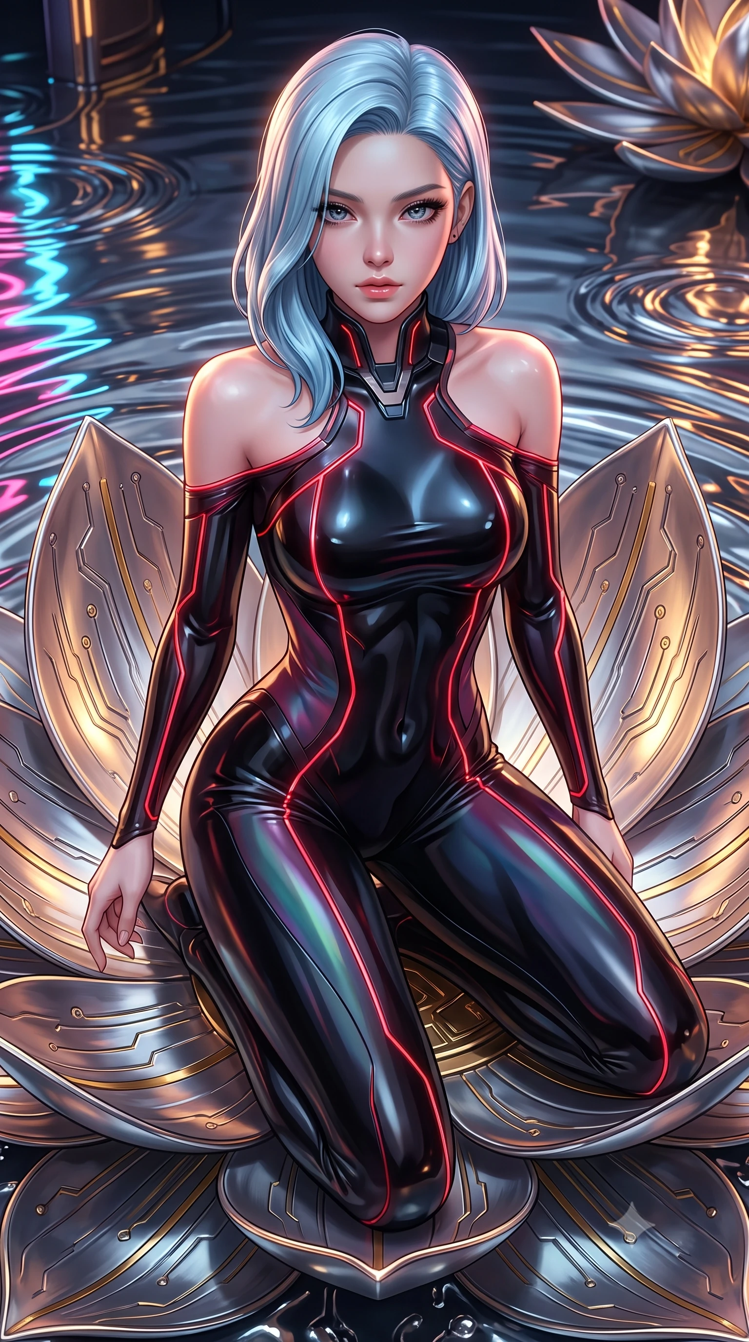 score_9, masterpiece, best quality, ultra-detailed, high-budget anime keyframe, semi-realistic 3D game render, editorial fashion photography, tasteful artistic composition, Korean woman. close-up cowboy shot from the waist and thighs up, the character dominates the composition, filling the frame with her large presence. looking into the camera lens with intense, captivating depth, softly parted glossy lips and thick eyelashes framing her ethereal gaze while kneeling gracefully on a metallic lotus petal as ripples of liquid mercury reflect brilliant neon light across her bare shoulders. The surrounding environment is rendered in vivid detail and crisp panoramic clarity. razor-sharp circuit lotus petal engravings, liquid mercury surface tension ripples, and gold inlays in deep focus. She has an exceptionally elegant, slender, and willowy female figure with an ultra-slim waist, a gracefully sculpted slender torso, toned flat midriff, and a refined slim silhouette. sharp v-shaped jawline, high-bridge nose, intricate jewel-like eyes with depth, thick eyelashes, glossy lips with a natural sheen, flawlessly proportioned anatomical accuracy, strict slender model proportions, natural body alignment, perfectly sculpted long slender limbs, ultra-slim waistline, clean dynamic posture without body distortion. wearing an ultra-sleek aerodynamic tech-jumpsuit sculpted tightly to her figure, accented with glowing fiber-optic spine lines in high-gloss obsidian black and burning laser crimson accents, made of smooth flowing silk chiffon that shifts colors with movement, featuring a sleek aerodynamic collar framed by subtle glowing cybernetic accents, the form-contouring material adhering flawlessly to her sculpted flat midriff and slender torso, emphasizing her long leg lines and perfectly proportioned willowy build. bathed in warm golden circuit lotus uplights and glittering liquid mercury caustics. rich saturated anime colors with glowing neon highlights, detailed shading with soft gradients, rich glossy textures, high-contrast stereoscopic depth, volumetric dynamic lighting, master piece, 9:16 ratio