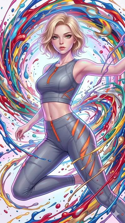 score_9, masterpiece, best quality, ultra-detailed, high-budget anime keyframe, Caucasian woman, strictly human ears. upper body close-up from the thighs up, character filling the screen for maximum presence. leaping into a vorticist paint splatter d