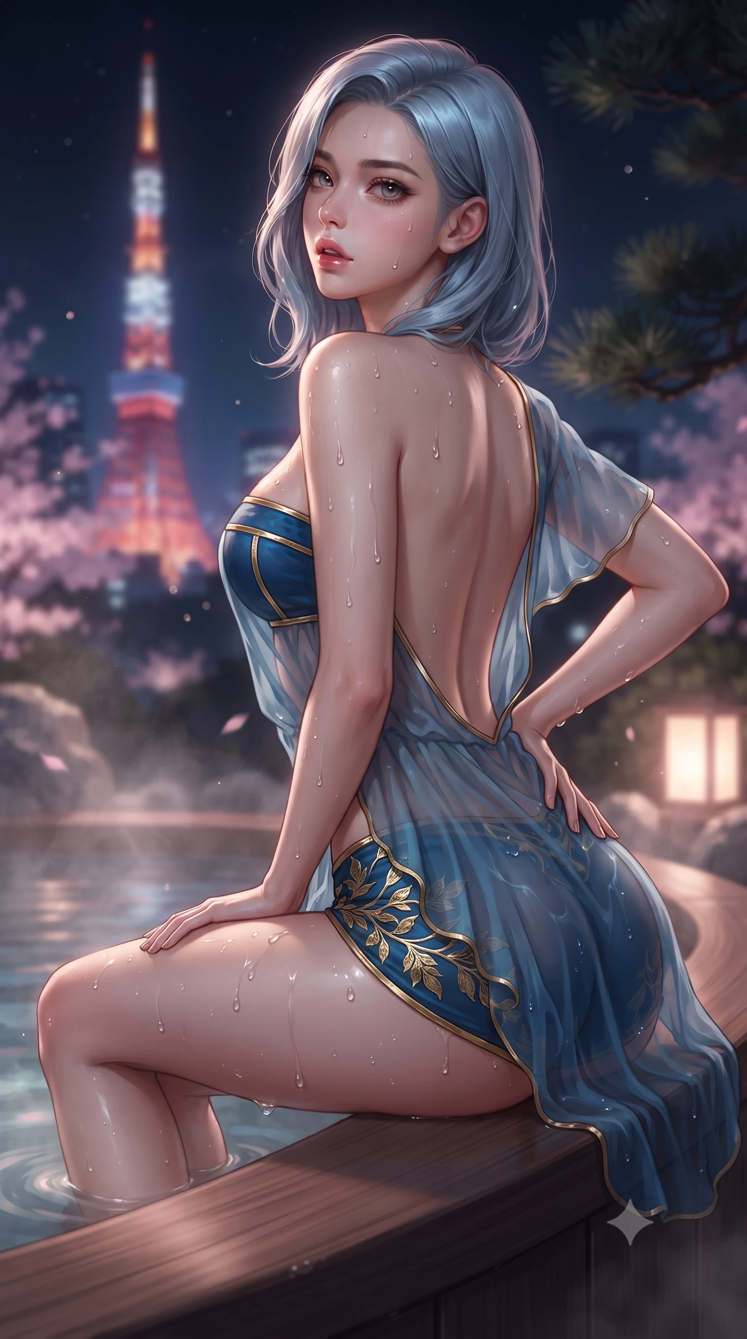 score_9, masterpiece, best quality, ultra-detailed, high-budget anime keyframe, editorial fashion photography, tasteful artistic composition, Korean woman. close-up cowboy shot from the waist and thighs up, the character dominates the composition, filling the frame with her large presence. posing in an alluring rear three-quarter angle, arching her lower back in a pronounced S-curve with one hand on her hip, glancing seductively over her bare shoulder with parted glossy lips while perching on the smooth hinoki wood rim of a steaming outdoor onsen, water droplets beading on her hip as she glances back with parted lips. The composition keeps background elements in soft focus with creamy bokeh. distant Tokyo Tower neon lights and dark pine branches softened in dreamy nocturnal shallow focus. She has an exceptionally elegant, slender, and willowy female figure with an ultra-slim waist, a gracefully sculpted slender torso, toned flat midriff, and rounded feminine hips creating an alluring hourglass silhouette. sharp v-shaped jawline, high-bridge nose, intricate jewel-like eyes with depth, thick eyelashes, glossy parted lips with a natural sheen, intensely captivating and seductive bedroom-eyes expression, flawlessly proportioned anatomical accuracy, strict slender model proportions, natural body alignment, perfectly sculpted long slender limbs, ultra-slim waistline, clean dynamic posture without body distortion. wearing a sheer chiffon onsen coverup worn over a form-contouring gold-piped bandeau and micro-shorts in deep azure blue and gold leaf embroidery, woven from sheer cascading chiffon that ripples like water, accented with water droplets glistening on her bare collarbones and hips, the dramatically scooped open back descending to the base of her spine, accentuating her razor-sharp statuesque lines and curvy hourglass silhouette. bathed in soft pink cherry blossom ambient glow and warm underwater mineral pool lights. ultra-reflective glossy finish, specular highlights, rich textural contrasts, high-contrast stereoscopic depth, volumetric dynamic lighting, 2k, ultra detail, master piece, 9:16 ratio