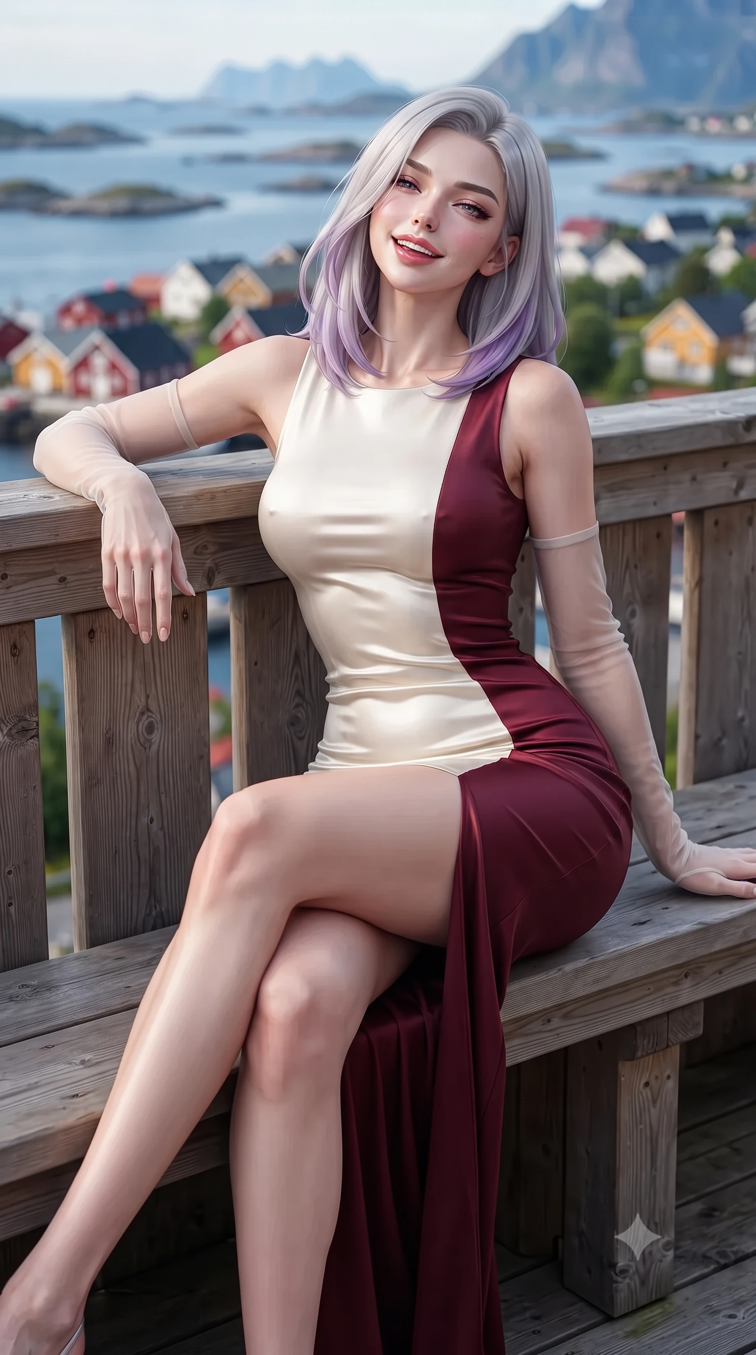 score_9, masterpiece, best quality, ultra-detailed, high-budget anime keyframe, editorial fashion photography, tasteful artistic composition, Caucasian woman. close-up cowboy shot from the waist and thighs up, the character dominates the composition, filling the frame with her large presence. leaning back against the balustrade with relaxed seductive grace, head tilted back slightly while casting a hypnotic, heavy-lidded gaze while sitting gracefully on the sculptured timber viewing bench with legs crossed, flashing a radiant, playful smile with parted glossy lips. The background shows a soft-focus hundreds of rocky skerries and islands dotted across the blue Norwegian Sea, colorful roofs of Svolvær, and distant mountain chains blurred into cobalt, topaz, and rose bokeh. She has an exceptionally elegant, slender, and willowy female figure with an ultra-slim waist, flat toned midriff, narrow ribcage, and sculpted feminine hips creating an alluring, slim hourglass silhouette without bulk. sharp v-shaped jawline, high-bridge nose, intricate jewel-like sparkling eyes with depth, thick eyelashes, glossy parted lips with a natural peach sheen, bright cheerful beaming smile with an enchanting and coquettish sensual glint, exuding both youthful cute charm and seductive allure, flawlessly proportioned anatomical accuracy, strict slender model proportions, natural body alignment, perfectly sculpted long slender limbs, ultra-slim waistline, clean dynamic posture without body distortion. wearing a form-fitting Scottish Highlands liquid silk jersey evening dress clinging smoothly to her narrow waist and rounded hips in Belvedere ivory pearl and Habsburg bordeaux wine, crafted from bespoke double-faced cashmere with an exceptionally soft tactile finish, complemented by sheer opera-length evening gloves tracing her slender arms, the second-skin tailored fabric adhering flawlessly to her sculpted flat midriff and slender torso, emphasizing her long leg lines and perfectly proportioned willowy build. illuminated by timber deck reflection bounce and sharp gold-and-silver dual rim lights sculpting her jawline, narrow waist, and curvy hips. ultra-reflective glossy finish, specular highlights, rich textural contrasts, high-contrast stereoscopic depth, volumetric dynamic lighting, 2k, ultra detail, master piece, 9:16 ratio