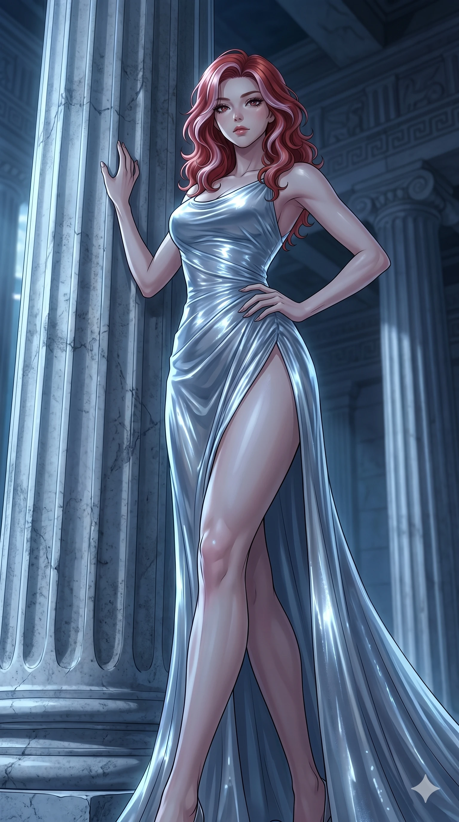 score_9, masterpiece, best quality, ultra-detailed, High-budget Anime Keyframe, East Asian woman. Low angle cowboy shot filling the entire 9:16 frame with her statuesque presence. Scenario 263: Leaning against a cold marble pillar in a moonlit greek temple. Her presence is magnetic and overpowering in this high-budget anime scene. Outfit 263: A shimmering chiffon liquid with a thigh-high slit and wet-look texture. The clothing is designed to emphasize her exceptionally tall and slender 8-heads proportion. 8-heads proportion, towering silhouette, ultra-slim waist. sharp v-shaped jawline, intricate jewel-like eyes with depth, thick eyelashes, glossy lips. 2k, ultra detail, master piece, 9:16 ratio