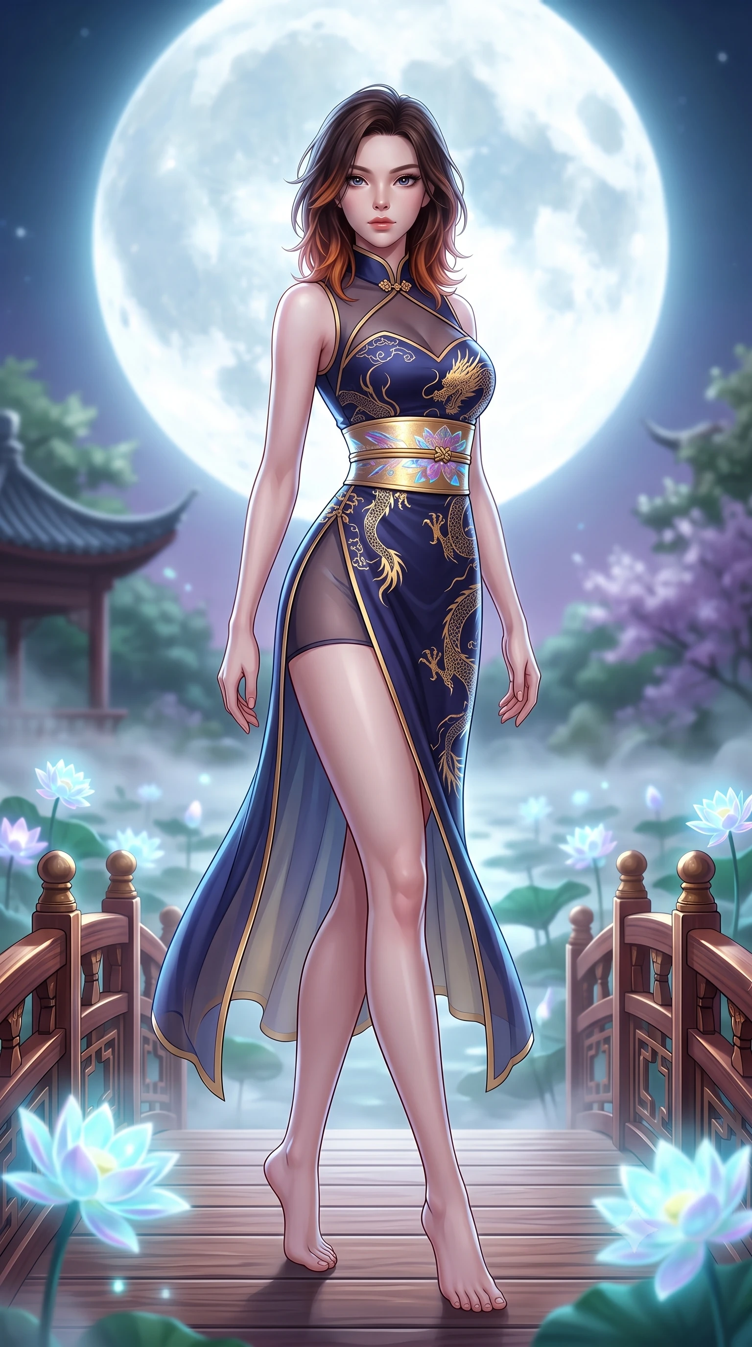 score_9, masterpiece, best quality, ultra-detailed, high-budget anime keyframe, semi-realistic 3D game render, editorial fashion photography, tasteful artistic composition, Korean woman. low angle full-body shot from head to toe showing her feet, filling the entire 9:16 vertical frame with her statuesque presence, stretching her vertical silhouette. pivoting dynamically with supreme athletic balance and poise, her impossibly long slender legs creating a breathtaking line while standing poised on an ornate lacquered wooden bridge over a mist-covered lotus pond beneath a colossal glowing full moon. The composition keeps background elements in soft focus with creamy bokeh. glowing holographic lotus flowers and distant pagoda rooflines blurred into ethereal jade, violet, and silver-white bokeh. She has an absolutely perfect, statuesque 8.5-heads proportion, an exceptionally tall and slender model-like female figure with impossibly long slender legs, a toned flat midriff, and an ultra-slim waist. sharp v-shaped jawline, high-bridge nose, intricate jewel-like eyes with depth, thick eyelashes, glossy lips with a natural sheen, captivating and magnetic expression, flawlessly proportioned anatomical accuracy, strict slender model proportions, natural body alignment, perfectly sculpted long slender limbs, ultra-slim waistline, clean dynamic posture without body distortion. wearing a dragon-embroidered silk cheongsam modern dress with asymmetrical sheer mesh cutouts and high Mandarin collar in midnight indigo and glowing starlight gold, tailored from crisp ceremonial cotton and multi-layered translucent chiffon, complemented by a wide metallic gold obi sash with holographic floral embroidery, the liquid-tight tailored fabric emphasizing every curve of her tall, slender model proportions and sculptured silhouette during dynamic movement. bathed in radiant silver-white full moon backlighting and soft cyan holographic lotus glow. highly saturated vibrant anime colors, detailed shading with soft gradients, rich glossy textures, high-contrast stereoscopic depth, volumetric dynamic lighting, master piece, 9:16 ratio