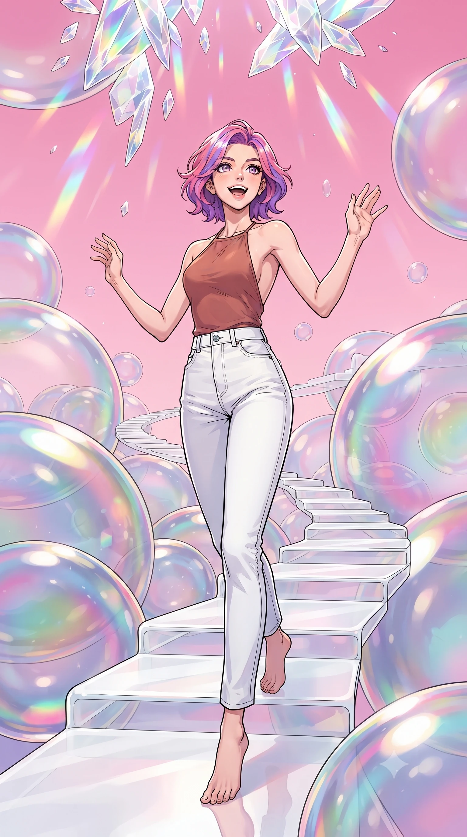 score_9, masterpiece, best quality, ultra-detailed, high-budget anime keyframe, editorial fashion photography, tasteful artistic composition, gorgeous anime illustration, with clean line-art, distinct ink outlines, and high-contrast stereoscopic depth, Caucasian woman, strictly human ears. low angle full-body shot from head to toe showing her feet, filling the entire 9:16 vertical frame with her statuesque presence, stretching her vertical silhouette. ascending with a radiant, excited smile through on a path of white glass in a valley constructed of massive soap bubbles that reflect oil-slick iridescent colors, drifting gently in a pink sky. She has a statuesque 8.5-heads proportion, an exceptionally tall, slender and willowy model-like build with impossibly long legs and a highly sculpted ultra-slim waist. sharp v-shaped jawline, high-bridge nose, intricate jewel-like eyes with depth, thick eyelashes, glossy lips with a natural sheen. wearing a backless halter-neck top in muted terracotta, paired with high-waisted white denim trousers. cascading rainbow prismatic light refracting through crystal formations overhead. 2k, ultra detail, master piece, 9:16 ratio, highly saturated vibrant anime colors, detailed cel-shading with soft gradients, rich glossy textures, deep contrast, volumetric dynamic lighting, 2d animation style