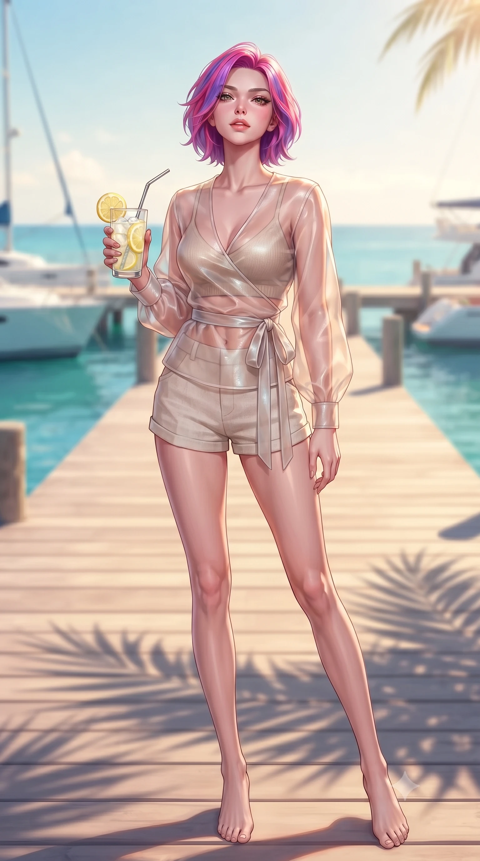 score_9, masterpiece, best quality, ultra-detailed, high-budget anime keyframe, editorial fashion photography, tasteful artistic composition, Caucasian woman. low angle full-body shot from head to toe showing her feet, filling the entire 9:16 vertical frame with her statuesque presence, stretching her vertical silhouette. standing in a captivating power pose, tilting her chin up with a smoldering, bright expression set against a soft-focus background of on a scenic pier extending into a calm turquoise sea with views of boats holding a glass of iced lemonade with a slice of fresh lemon. She has an absolutely perfect, statuesque 8.5-heads proportion, an exceptionally tall and slender model-like female figure with impossibly long slender legs and an ultra-slim waist. sharp v-shaped jawline, high-bridge nose, intricate jewel-like eyes with depth, thick eyelashes, glossy lips with a natural sheen. wearing body-hugging sheer organza wrap top over a slim-fit knit bralette and low-cut linen shorts. soft late afternoon sunbeams casting long shadows of palm leaves on the sand. highly saturated vibrant anime colors, detailed shading with soft gradients, rich glossy textures, high-contrast stereoscopic depth, volumetric dynamic lighting, master piece, 9:16 ratio