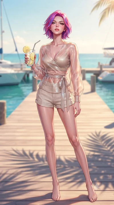 score_9, masterpiece, best quality, ultra-detailed, high-budget anime keyframe, editorial fashion photography, tasteful artistic composition, Caucasian woman. low angle full-body shot from head to toe showing her feet, filling the entire 9:16 vertica