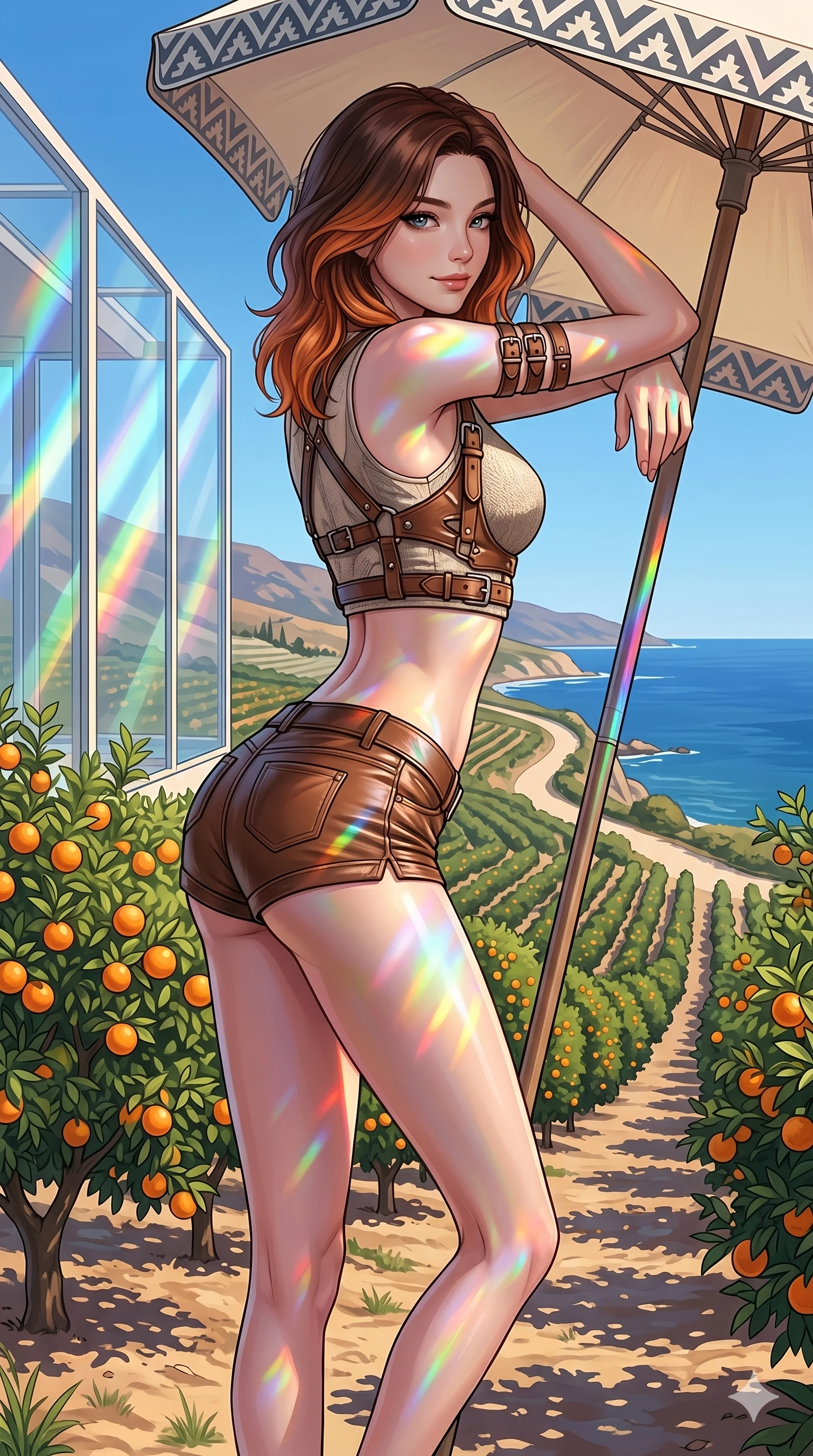 score_9, masterpiece, best quality, ultra-detailed, high-budget anime keyframe, editorial fashion photography, tasteful artistic composition, Korean woman. cowboy shot from the thighs up, character and outfit filling the frame for maximum editorial presence. leaning against a beach umbrella, looking over her shoulder with a magnetic half-smile in a sunny coastal valley filled with rows of orange groves (Code-P19-074). She has an absolutely perfect 8-heads proportion, an exceptionally tall and slender female figure with impossibly long slender legs and an ultra-slim waist. V-shaped jawline, high-bridge nose, intricate jewel-like eyes with depth, thick eyelashes, glossy lips with a natural sheen. wearing a high-fashion leather harness over a crop top showing her bare midriff and matching micro-shorts. prismatic rainbow light refracting through the beach house glass, coloring her skin. 2k, ultra detail, master piece, 9:16 ratio