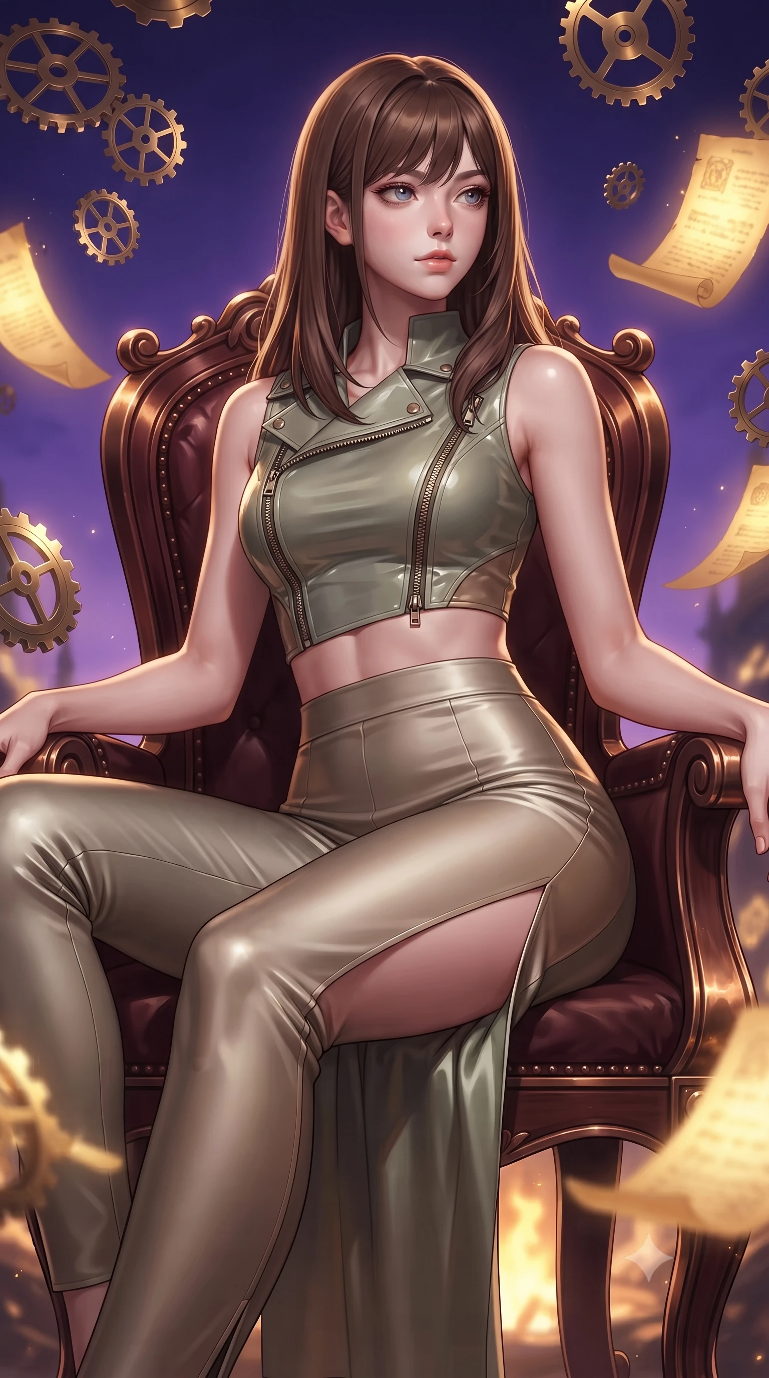 score_9, masterpiece, best quality, ultra-detailed, high-budget anime keyframe, editorial fashion photography, tasteful artistic composition, Korean woman. close-up cowboy shot from the waist and thighs up, the character dominates the composition, filling the frame with her large presence, background elements kept in soft focus. Gazing past the camera with an air of effortless elegance and mysterious confidence surrounded by floating antique brass gears and glowing golden parchment scrolls, rich mahogany and polished bronze textures reflecting warm hearth light. She has an exceptionally elegant, slender, and willowy female figure with an ultra-slim waist, a gracefully sculpted slender torso, and a refined silhouette. sharp v-shaped jawline, high-bridge nose, intricate jewel-like eyes with depth, thick eyelashes, glossy lips with a natural sheen. wearing a glossy vinyl crop top and high-waist tailored leggings with sleek zippers in sage green and oatmeal, crafted from lustrous satin jersey with fluid draping, finished with a sleek side slit ascending to mid-thigh, the tailored fabric tightly following every curve of her athletic build. lit by a contrast of deep violet sky and radiant golden mechanical light. ultra-reflective glossy finish, specular highlights, metallic sheen, high-contrast stereoscopic depth, volumetric dynamic lighting, 2k, ultra detail, master piece, 9:16 ratio